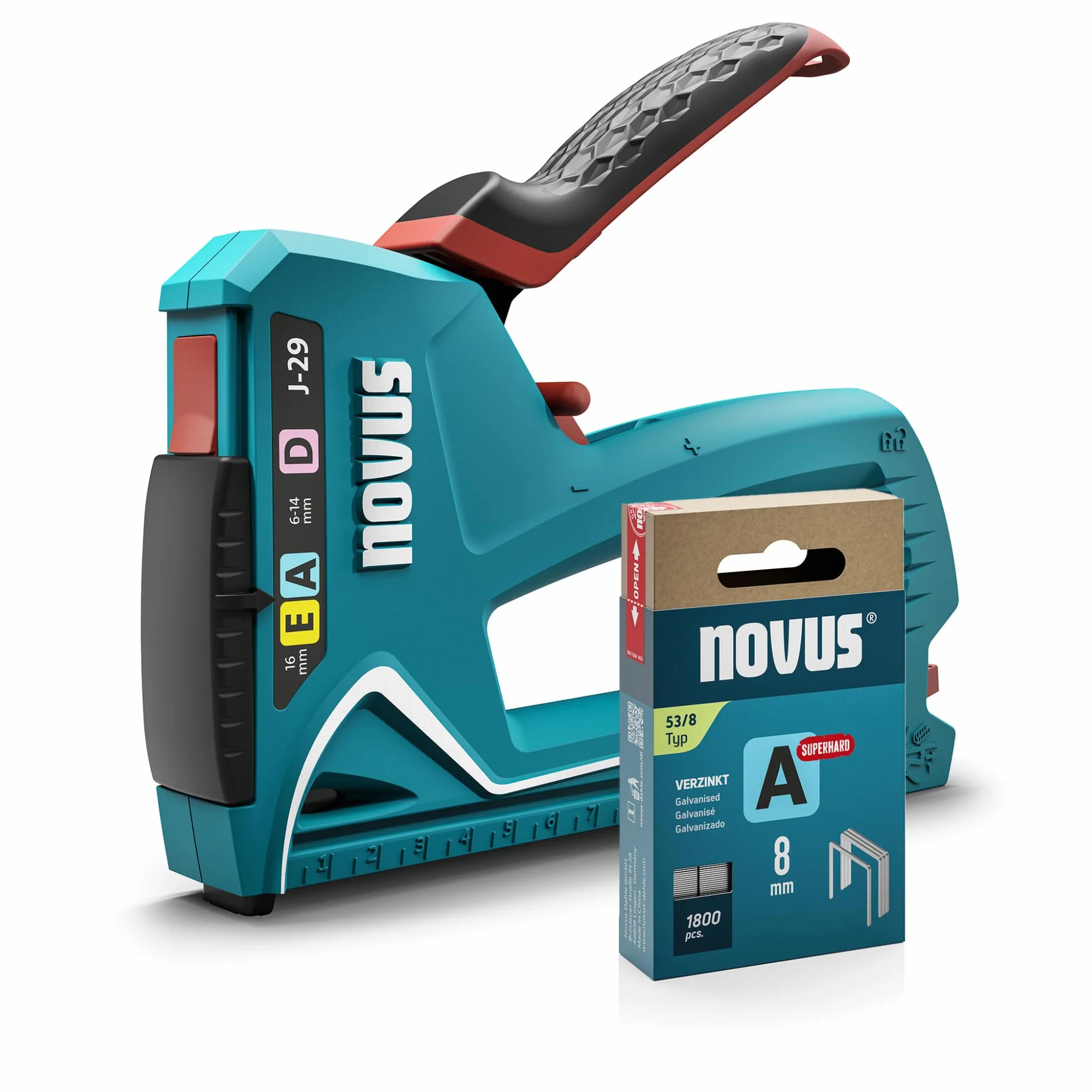 NOVUS TOOLS Juego de grapadora manual J-29 con 1800 grapas, grapadora universal profesional para madera con carcasa de metal y mango suave, para grapas de alambre fino y alambre plano de 6-14 mm