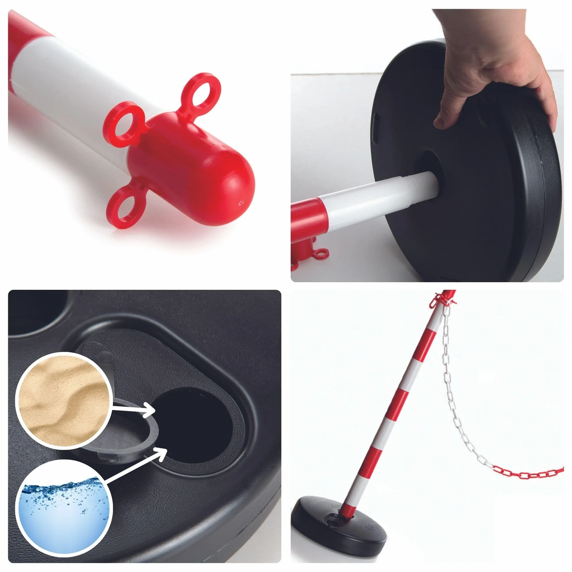 Perel Set de postes PVC 2 piezas rojo blanco 90 cm base rellenable con arena o agua conectables para eventos aparcamientos hostelería y espacios públicos