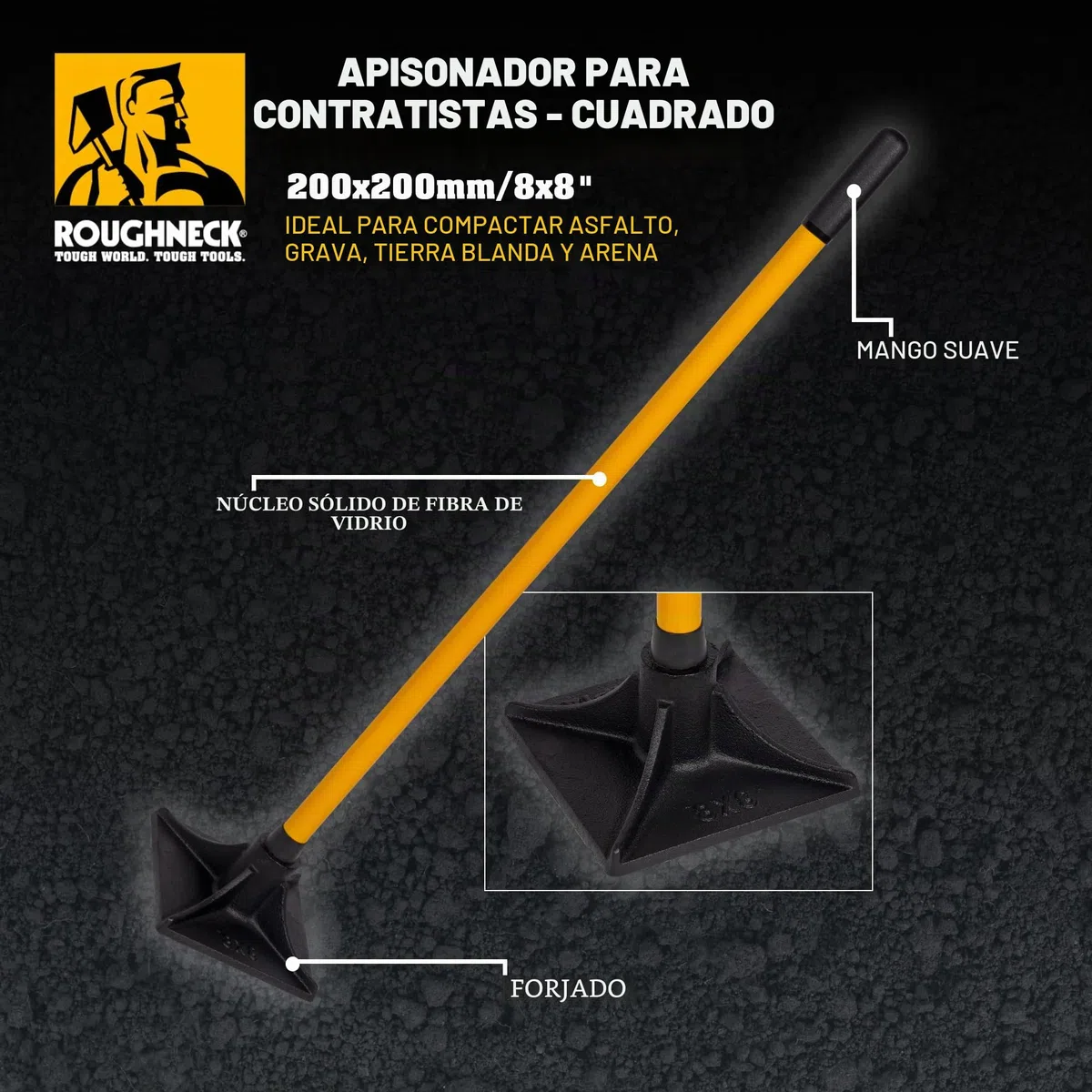 Apisonador Roughneck ROU64379 para contratistas, compactador de tierra para asfalto, grava, tierra y arena - Cuadrado 200x200 mm / 8x8"
