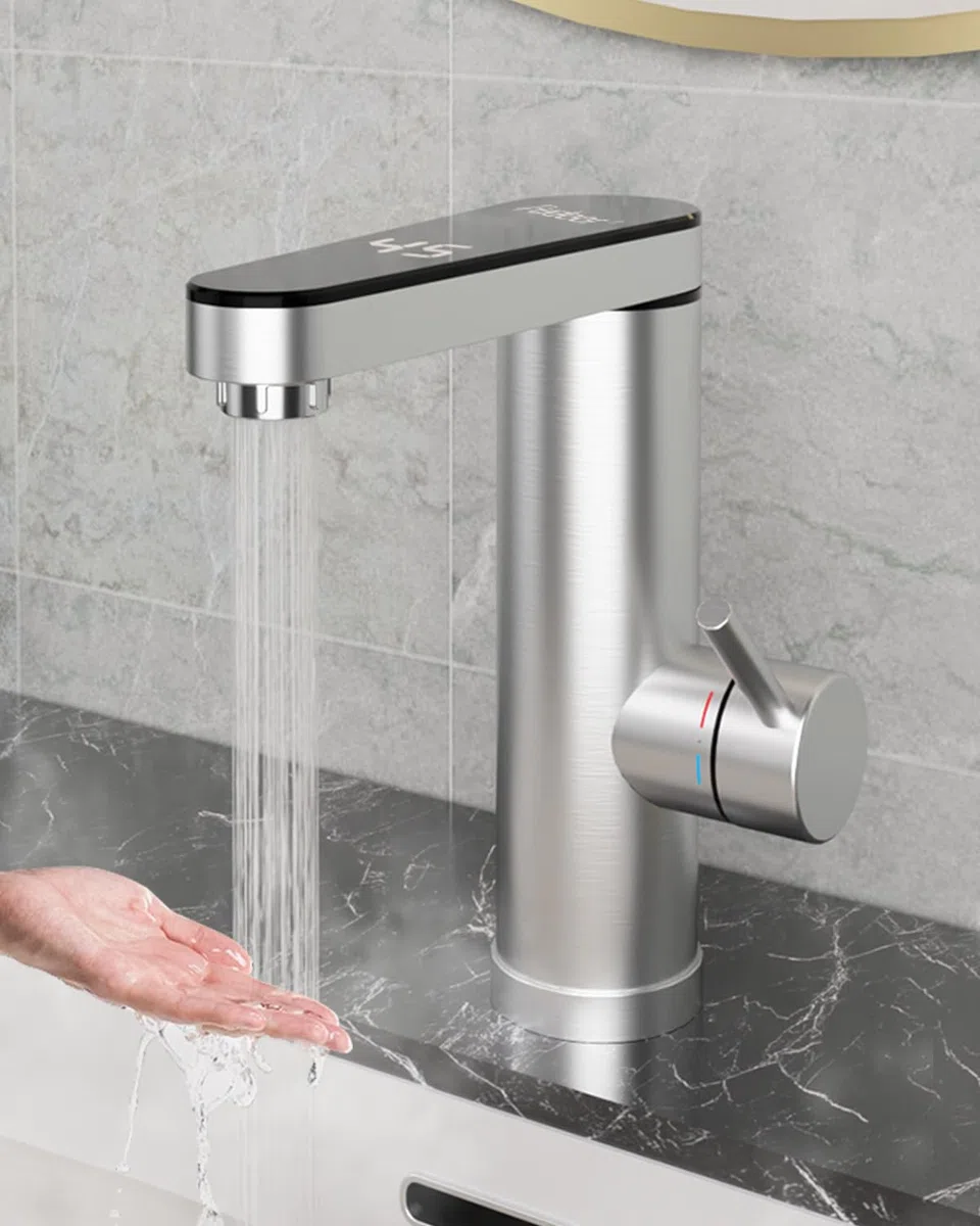 Grifo de agua caliente de acero inoxidable, grifo eléctrico con calentador de paso con indicador de temperatura digital, salida giratoria de 120 grados, armaturas eléctricas baño (salida de pantalla)
