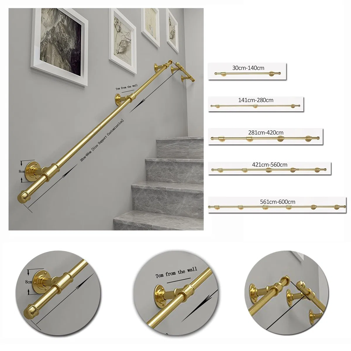 Pasamanos de barandilla de escaleras doradas - Kit completo, Pasamanos de escaleras para interiores y exteriores Barandilla de barra de apoyo, Pasamanos de pasillo de baño Pasamanos con soportes de pa