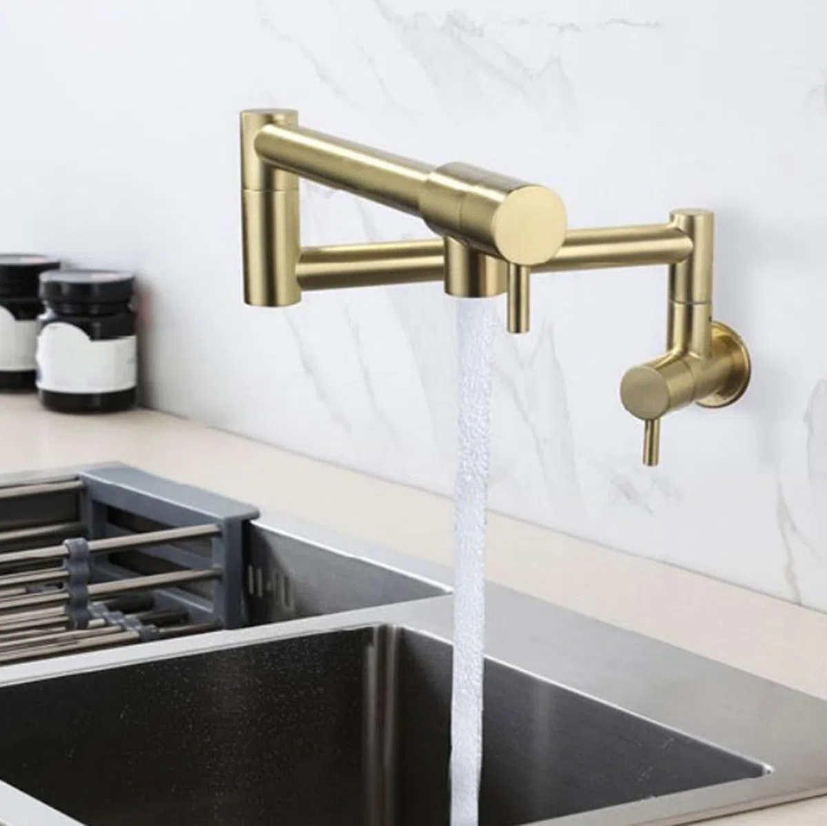 Grifo Cocina Pared Agua Fria Brazo Oscilante de Doble Sección Orificio Único Grifos de Llenado de Ollas Telescópico Plegable Acero Inoxidable,Oro Cepillado