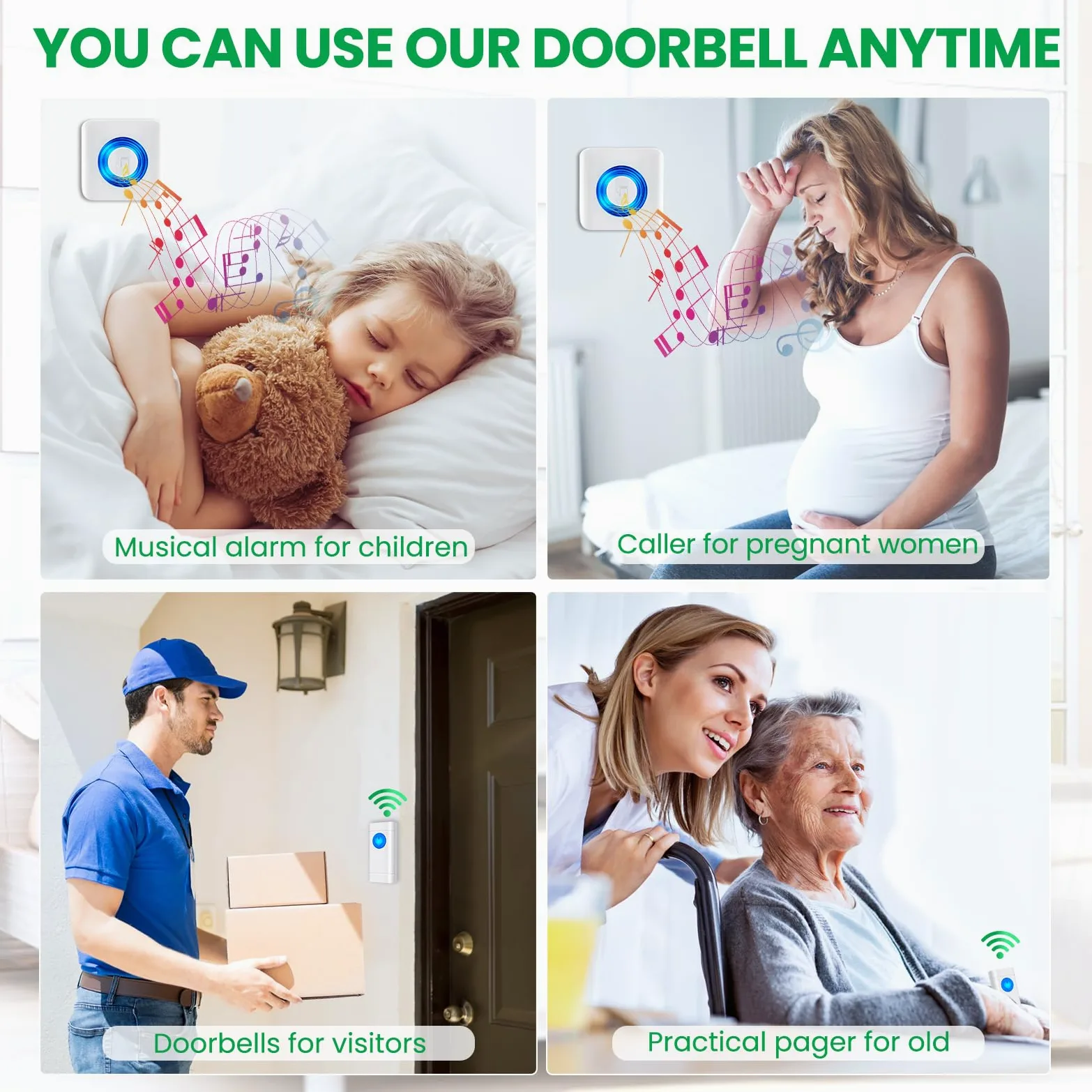 Satisure Timbre inalámbrico para exteriores, 4 receptores y 2 transmisores, 400 m/1300 pies, 58 melodías, timbre de puerta de casa para jardín, casa, oficina