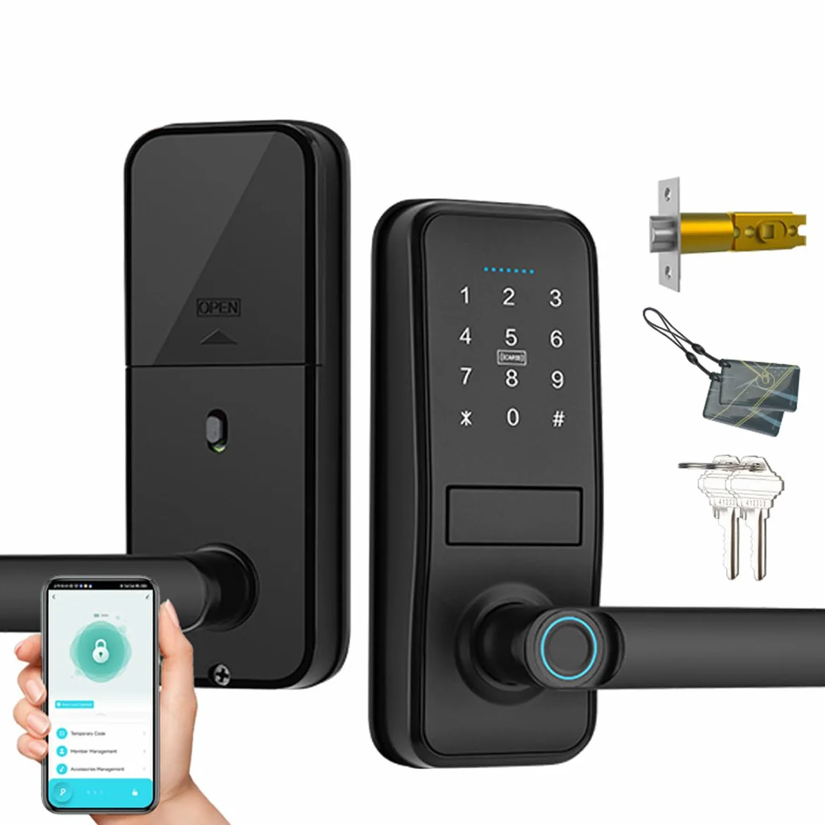 Smart Lock, Keyless Entry with Sleek Matte Black Handle, Electronic Keypad Deadbolt,Fingerprint & Touchscreen Keypad, Biometric Bluetooth Smart Lock for Front Door