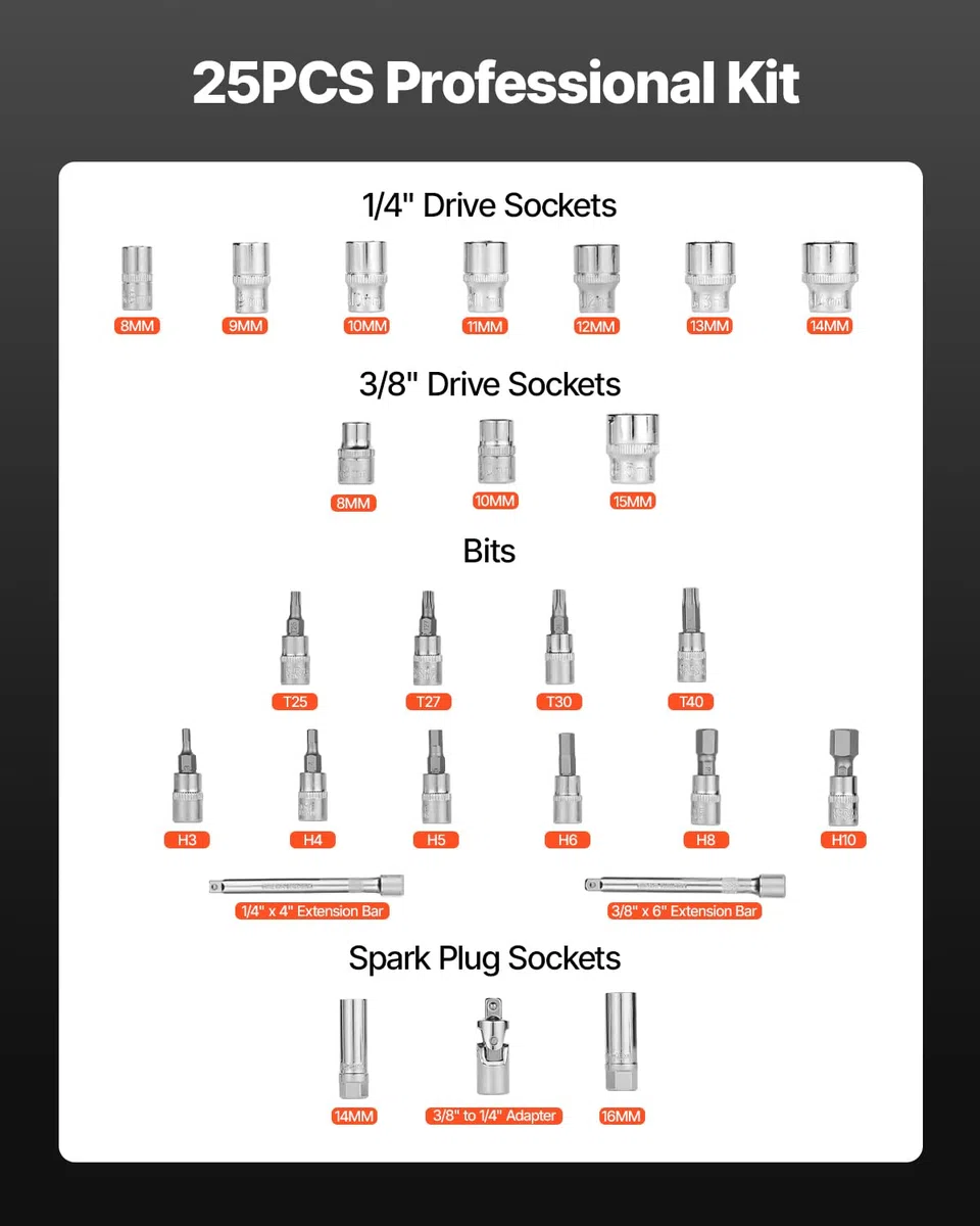 VEVOR Juego de Llaves Dinamométricas de Clic Accionamiento de 3/8" 5-60 Nm Bidireccional 72 Dientes con Vasos, Puntas, Barra de Extensión, Vasos para Bujías y Adaptador ±3% de Precisión Naranja