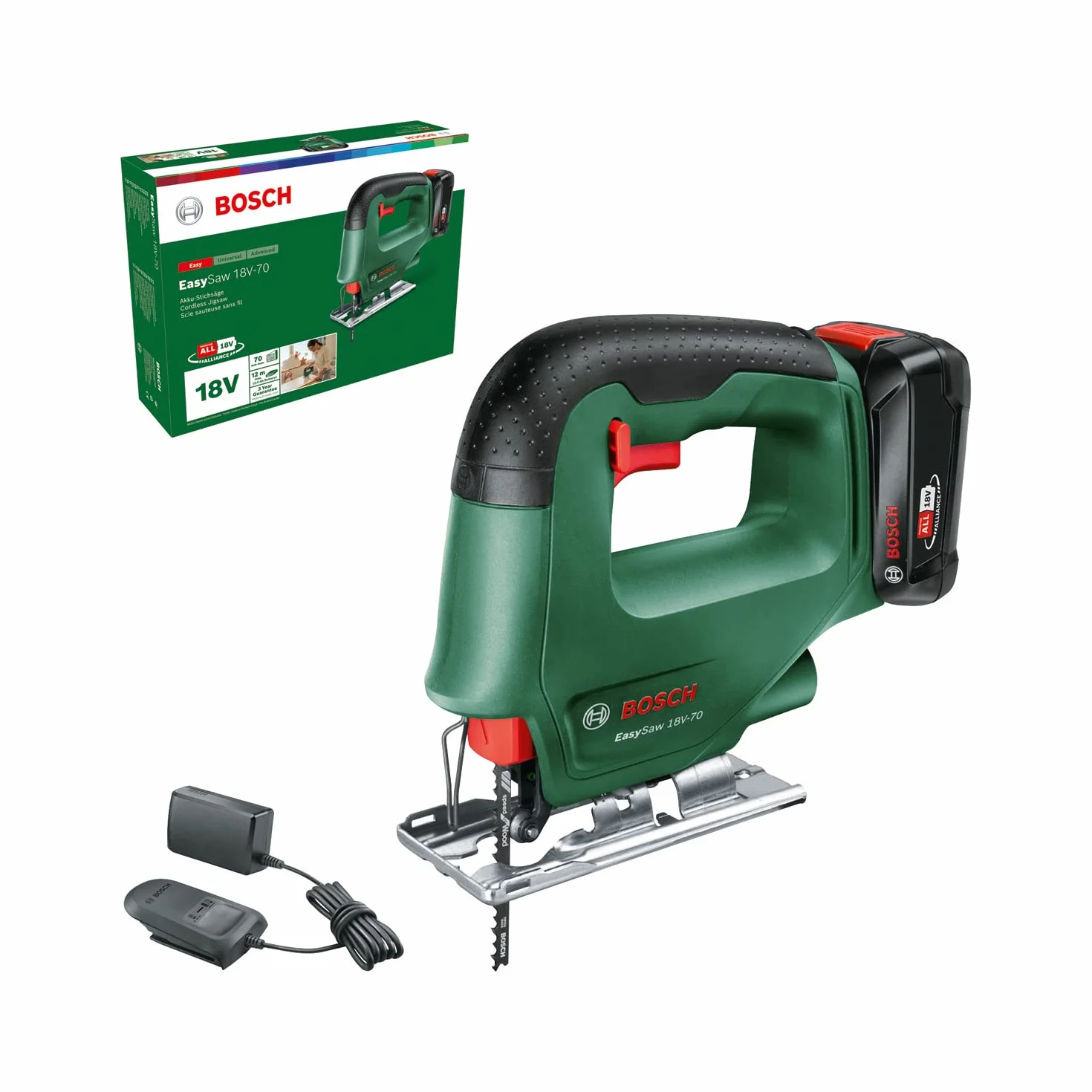 Bosch Sierra de calar EasySaw 18V-70 (batería de 2,0 Ah, sistema de 18 voltios, con 1 hoja de sierra de calar, cargador AL 18V-20, en caja)