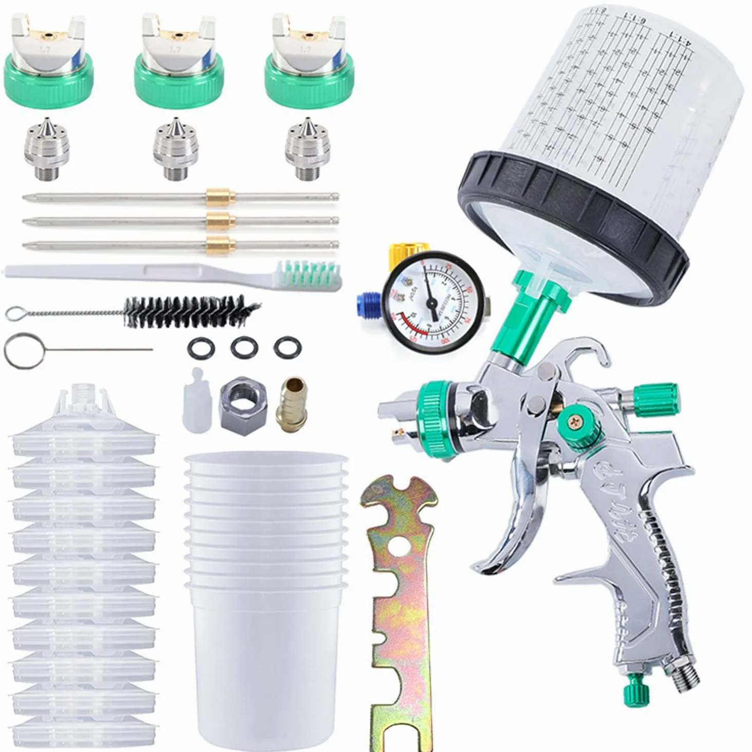 Pistola Pintura Neumática para Automóviles, Pistola para Pintar Paredes y Techos, con 10 Tazas para Mezclar, Herramienta de Pulverización Profesional, Color Verde​, 600ML