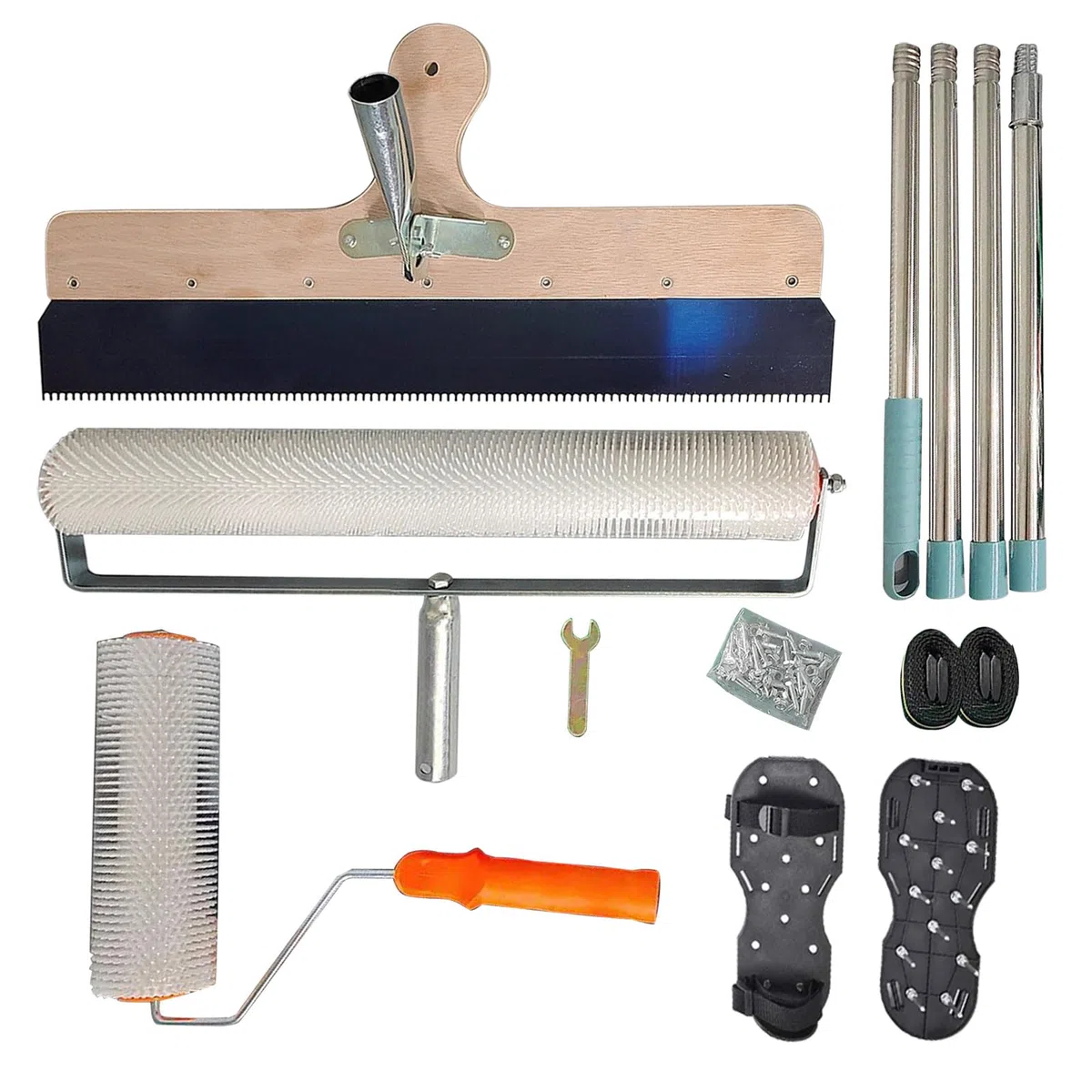 Kit de herramientas de cemento autonivelante, herramienta de pintura epoxi para suelos con mango extendido extraíble de 1,6 m de largo, raspador de madera, rodillo con pinchos, zapatos con pinchos