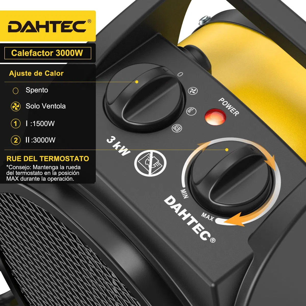Calefactor Ceramico 3000W - Bajo Consumo - Radiador Electrico Portatil - Calentamiento Rápido en 3 s - Apto para Hogares, Baños y Obras de Construcción