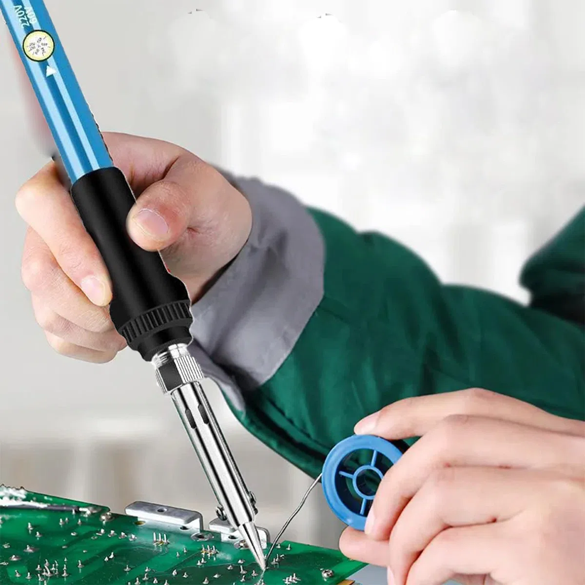 Juego de soldadores de 60 W con estaño, temperatura ajustable, interruptor de encendido/apagado, kit hierro 220 V 5 puntas, bomba desoldadora, soporte de soldadura, reparación de bricolaje