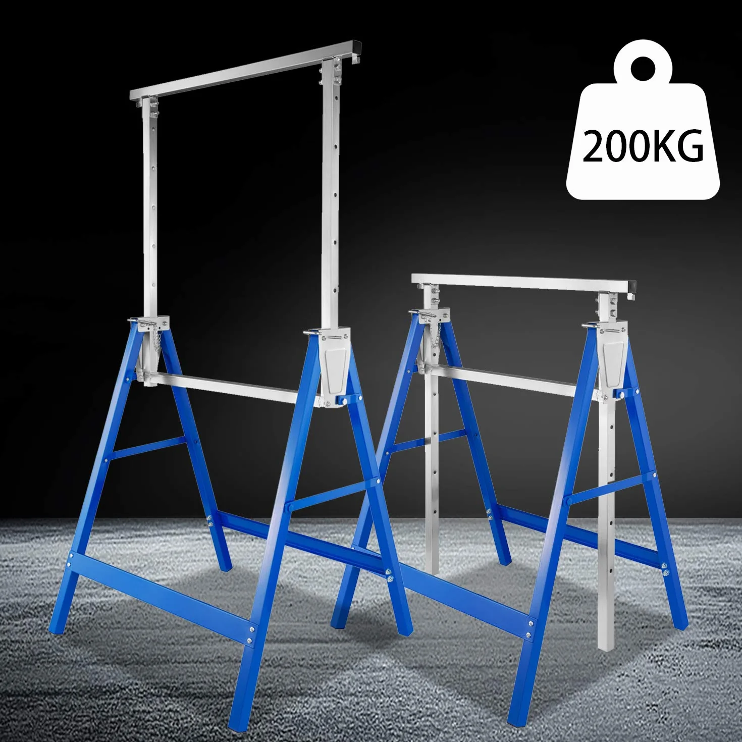 Jopassy Juego de 2 caballetes de trabajo, altura ajustable, plegable, capacidad de carga de 200 kg, estructura de metal, altura ajustable, 80 – 130 cm, soporte plegable (azul)