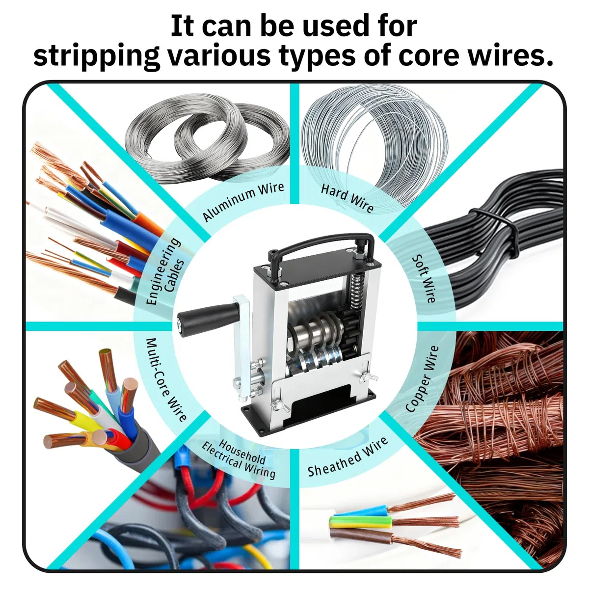 Máquina Pelacables, Máquina para Operación con Manivela o Taladro, Rango Diámetro del Alambre de 1 a 21 mm, 6 Orificios de Alimentación, Herramienta Pelacables para Reciclaje de Cables de Cobre