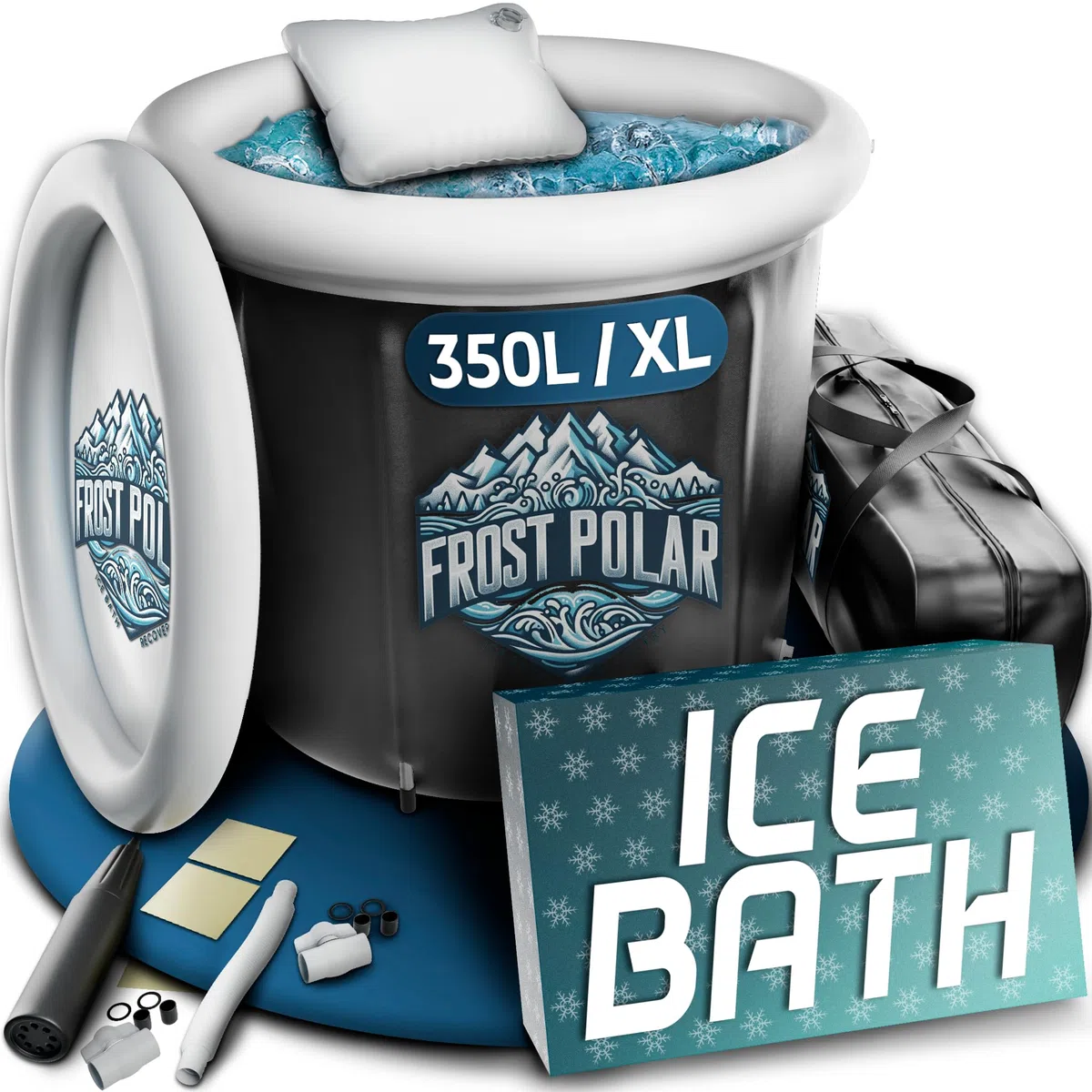 FROST POLAR - Bañera Hielo Recuperacion 350 Litros - Ice Bath 80 cm x 85 cm Soportes de Aleacion de Aluminio - Bañera Agua Fria Incluye, Almohada, Bolsa Almacenaje Impermeable y Recambios.
