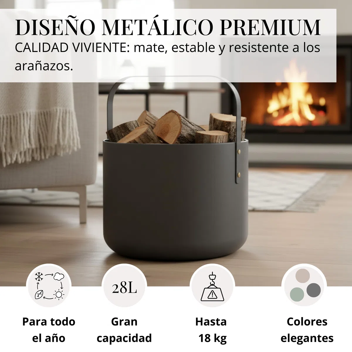 Cesta de diseño LIVLIG para leña de metal, cesta de madera para leña con asa, gran cesta para leña de 36 x 44 cm, cesta de leña como accesorio para chimenea, cesta de almacenamiento con aspecto mate