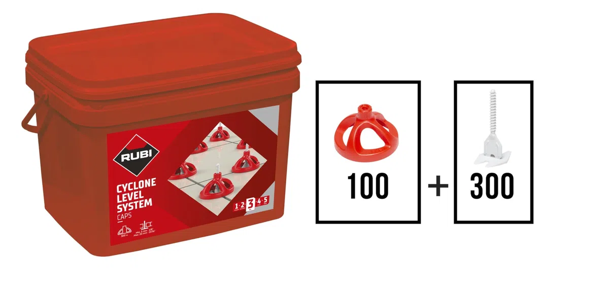 RUBI | KIT Cyclone Level System con Bridas Planas 1,5 mm | Incluye: 300 Bridas y 100 Campanas Reutilizables | Sistema para Facilitar Colocación Cerámicas de Gran Formato | Niveladores Azulejos