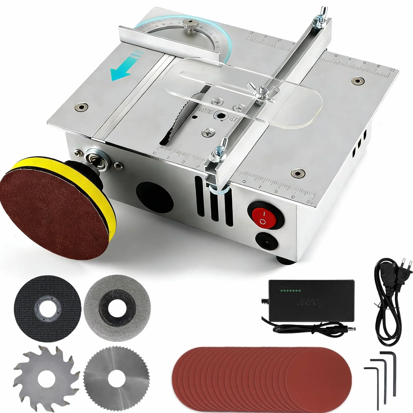 VOBOR Mini Sierra Circular de Mesa con Disco Pulidor y 4 Cuchillas, Altura Ajustable, 7 Velocidades, Hoja de Sierra Portátil de 0,1 a 15 mm, para Bricolaje, Madera, Modelismo