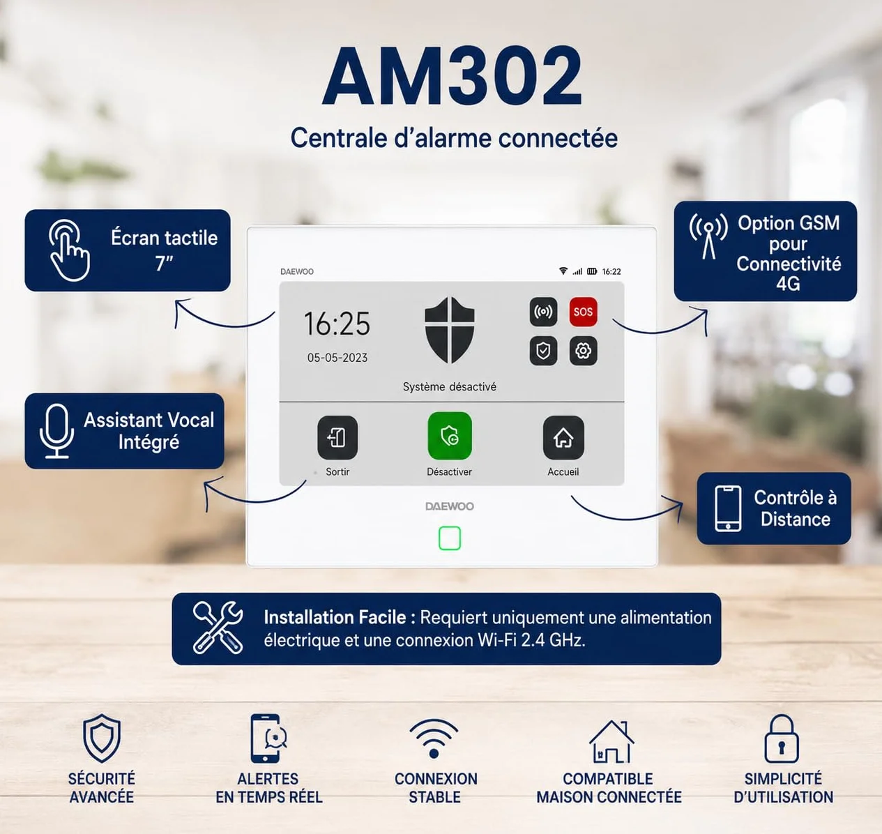 Daewoo Security Pack Alarma AM302, Central de Pantalla táctil de 7 Pulgadas, Detector de Movimiento Apto para Animales, contactores de Puerta y Mando a Distancia. Sirena y batería integradas. Control