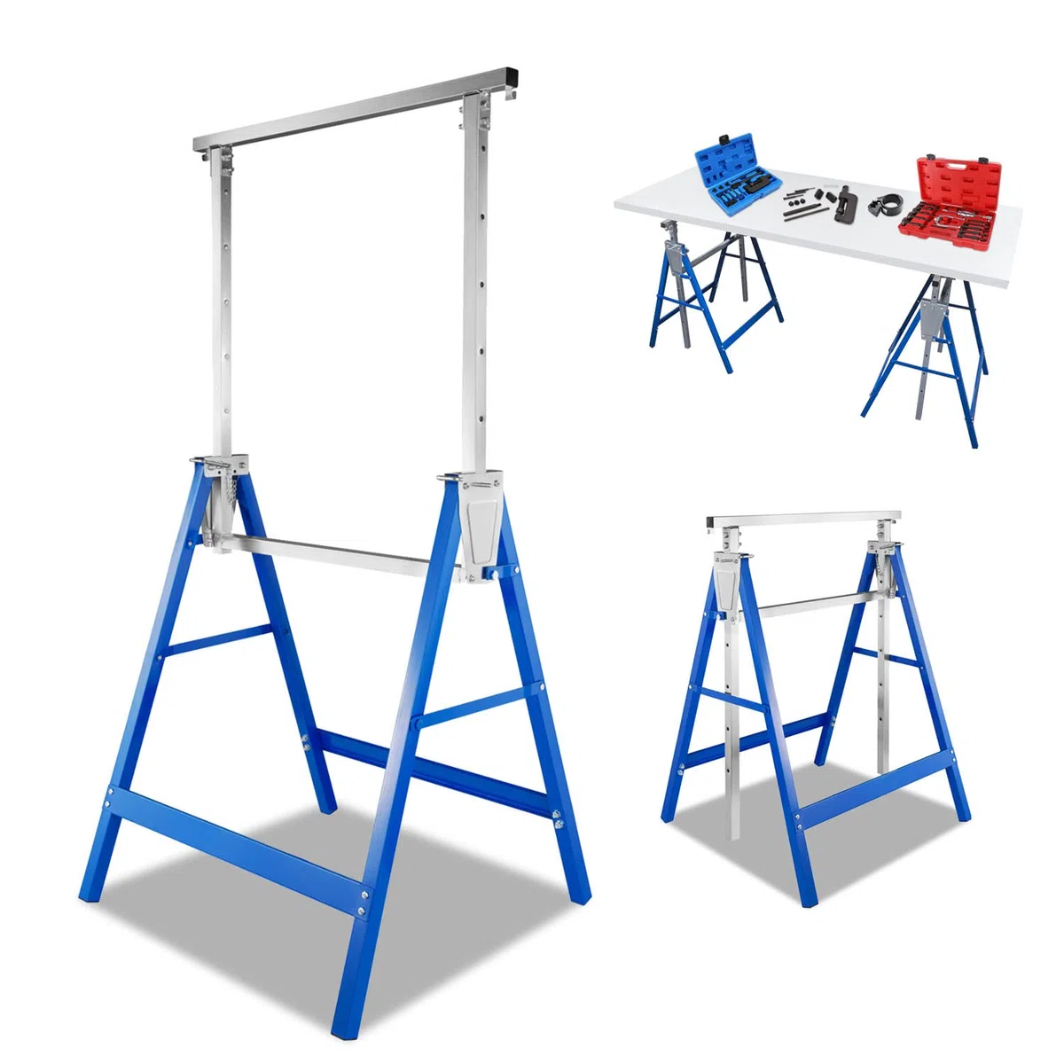 Jopassy Juego de 2 caballetes de trabajo, altura ajustable, plegable, capacidad de carga de 200 kg, estructura de metal, altura ajustable, 80 – 130 cm, soporte plegable (azul)