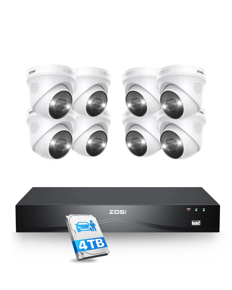 ZOSI 4K Kit Cámaras Vigilancia PoE 8MP 16CH Grabador NVR(Ampliable a 32CH) 4TB Disco Duro con 8X Cámara Seguridad Exterior, Visión Nocturna Color, Detección de Persona/Vehículo, Audio Bidireccional