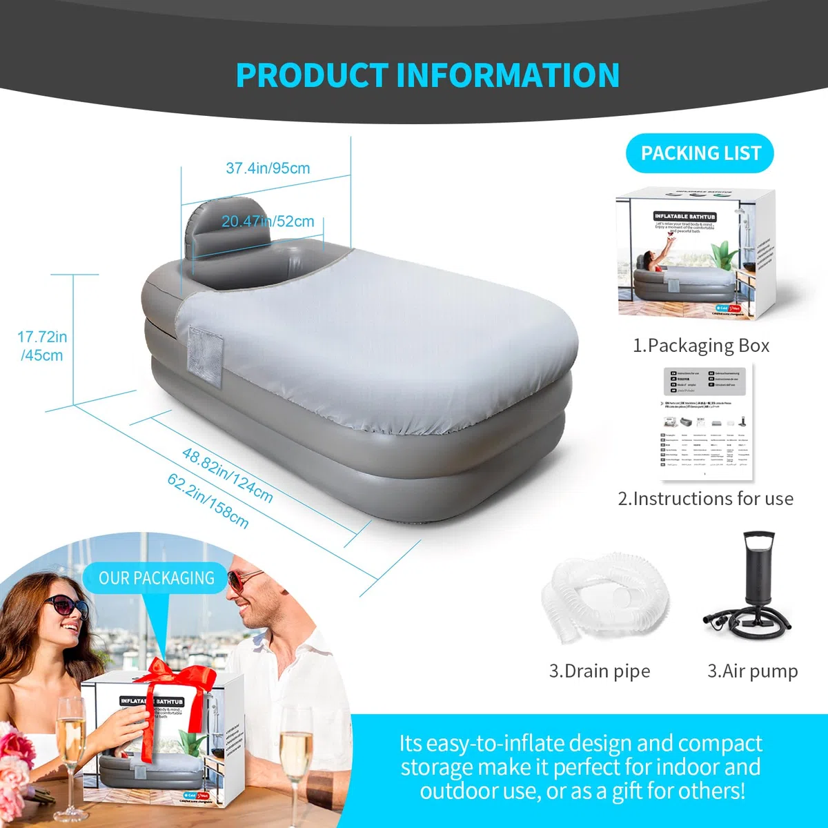 Nevife Bañera Hinchable Portátil para Adultos–Alta Capacidad, Plegable con Bomba Manual–Spa en Casa:Baño Helado o Agua Caliente–Ideal para Piso Pequeño,Alquiler,Balcón o Terraz,160x90cm (Gris Claro)