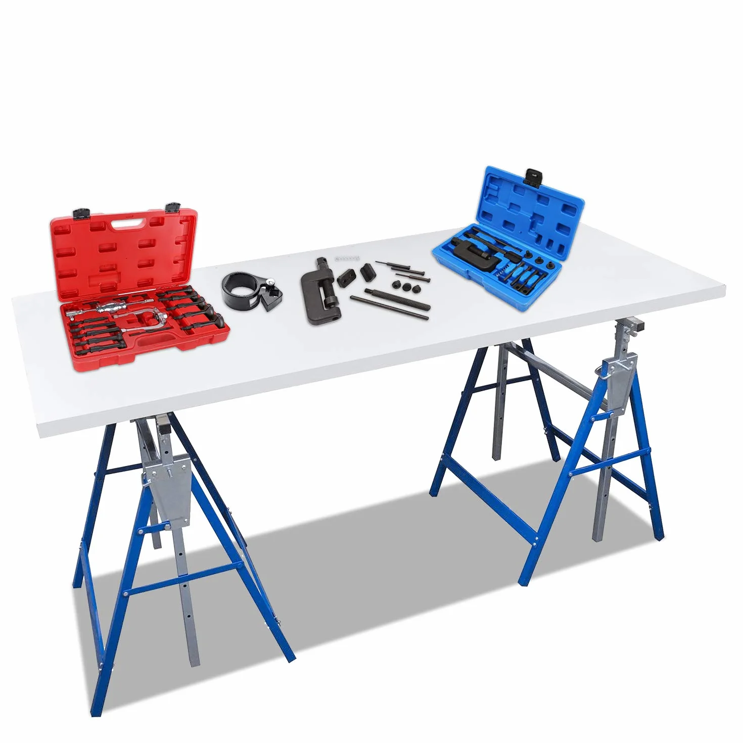 Jopassy Juego de 2 caballetes de trabajo, altura ajustable, plegable, capacidad de carga de 200 kg, estructura de metal, altura ajustable, 80 – 130 cm, soporte plegable (azul)
