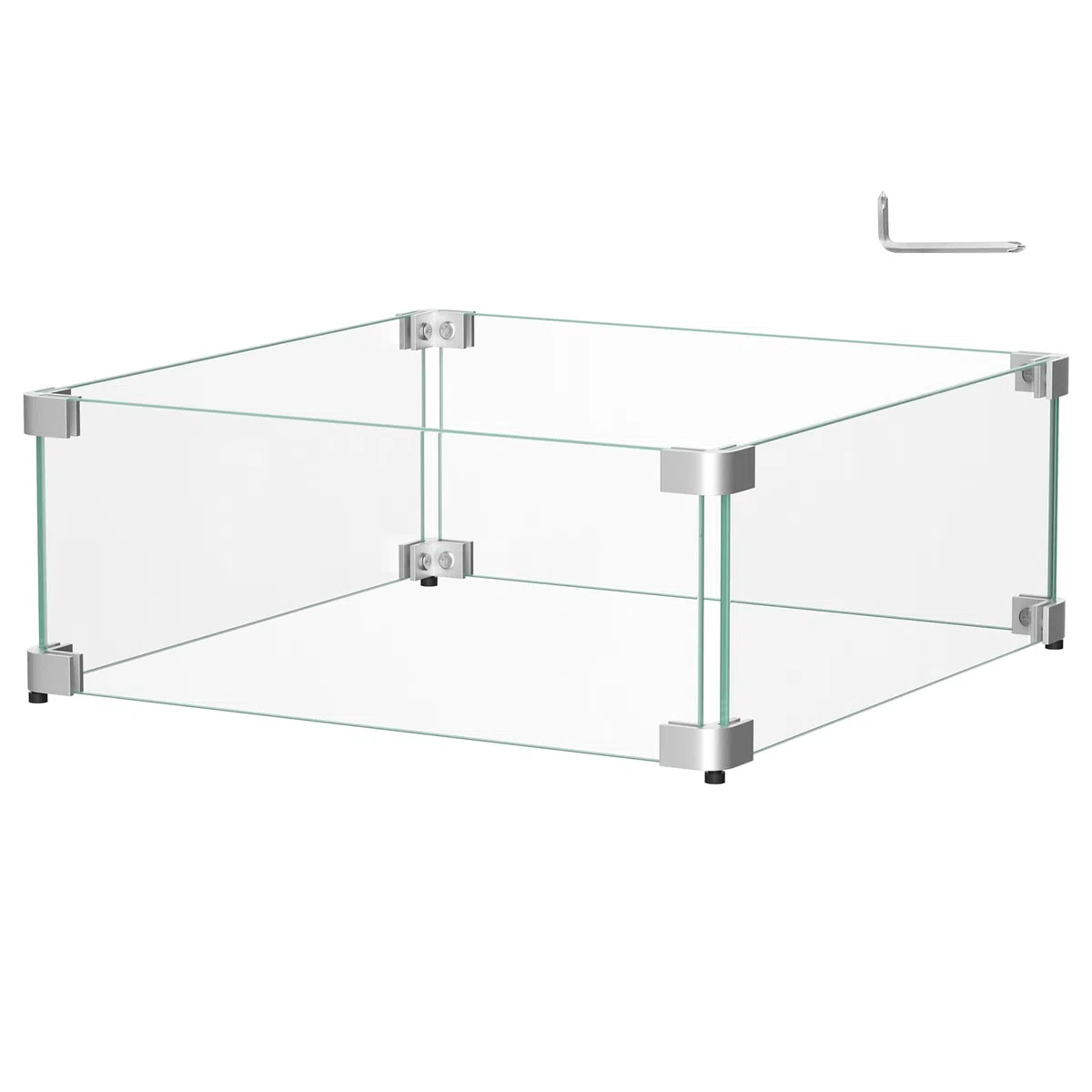 Protector de viento de vidrio de 16 x 16 x 6 pulgadas para mesa de fogata de gas propano, escudo cuadrado de vidrio templado grueso, barrera de vidrio para chimenea con soporte de esquina