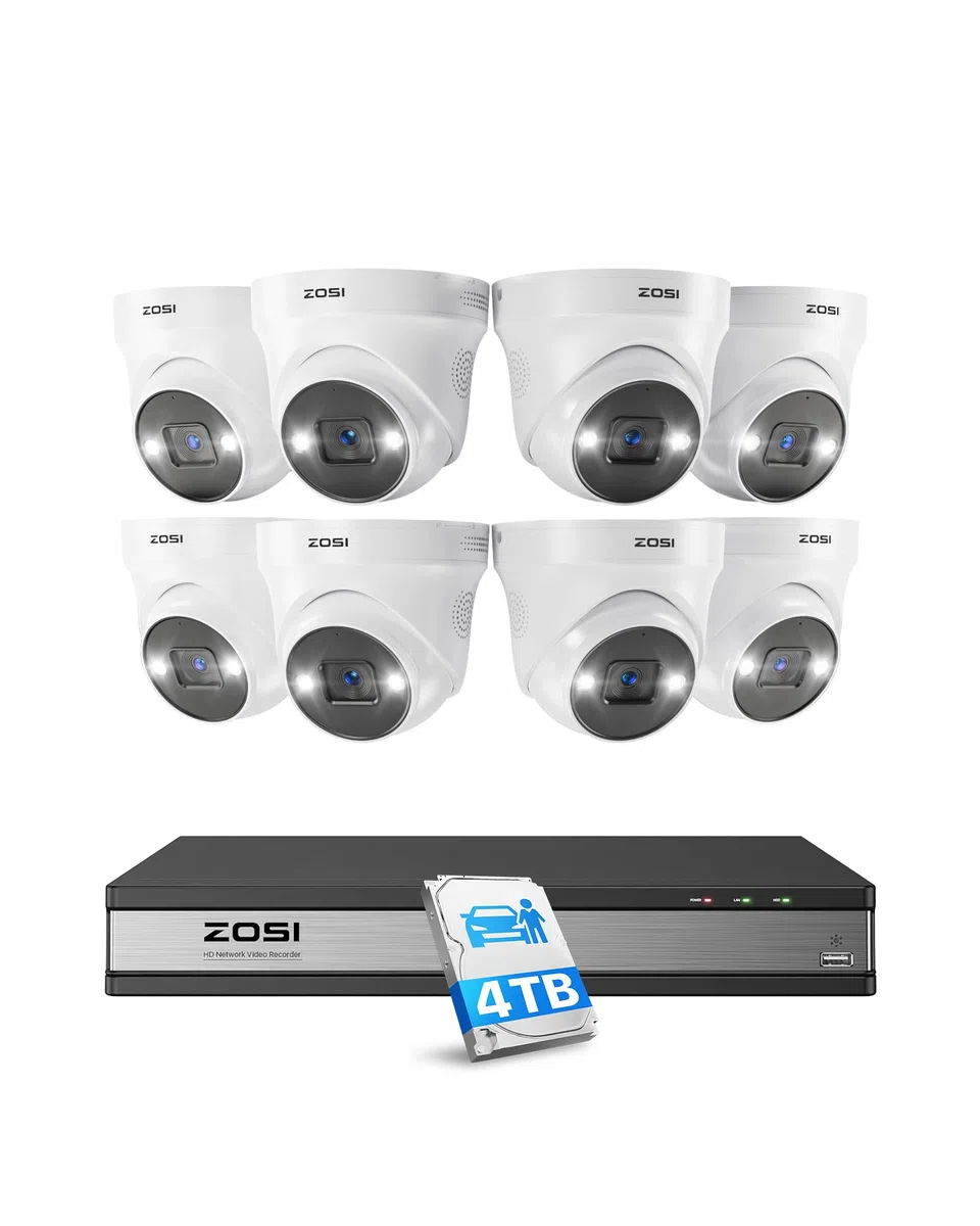 ZOSI 4K Kit de Cámara de Vigilancia PoE con 8X 5MP Cámaras IP Exterior y 8MP 16CH NVR PoE 4TB HDD para Grabación 24/7, Visión Nocturna, Detección de Personas y Vehículos, Audio