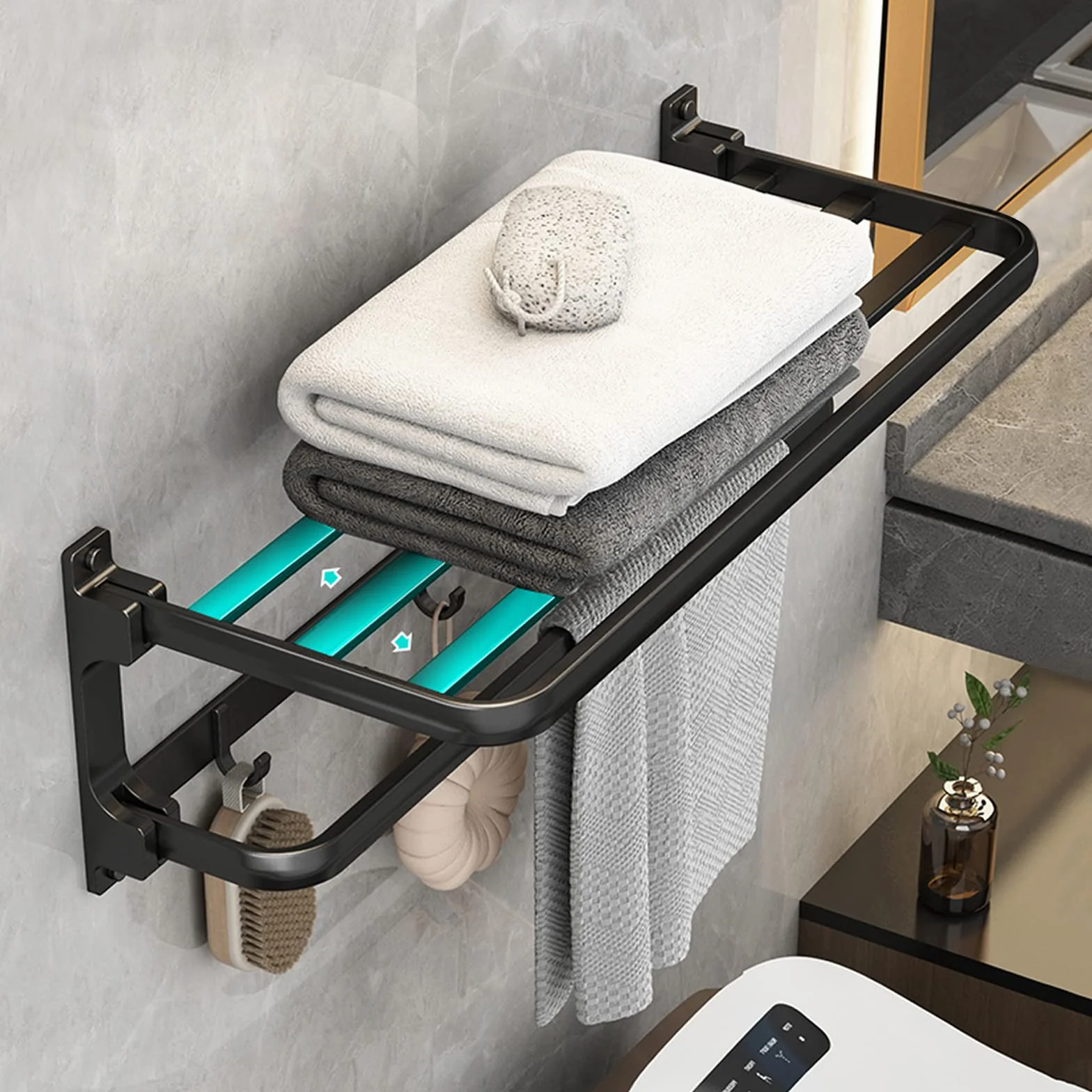 Toallero adhesivo de pared 58 cm negro, con 5 ganchos, para baño y cocina sin taladrar
