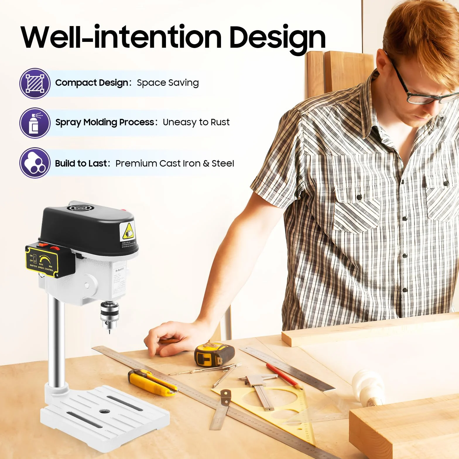 Mini taladro de columna, 340 W, tres velocidades con tope de profundidad, regulación de velocidad sin niveles, mini taladro de mesa, taladro portátil, madera, placa de plástico