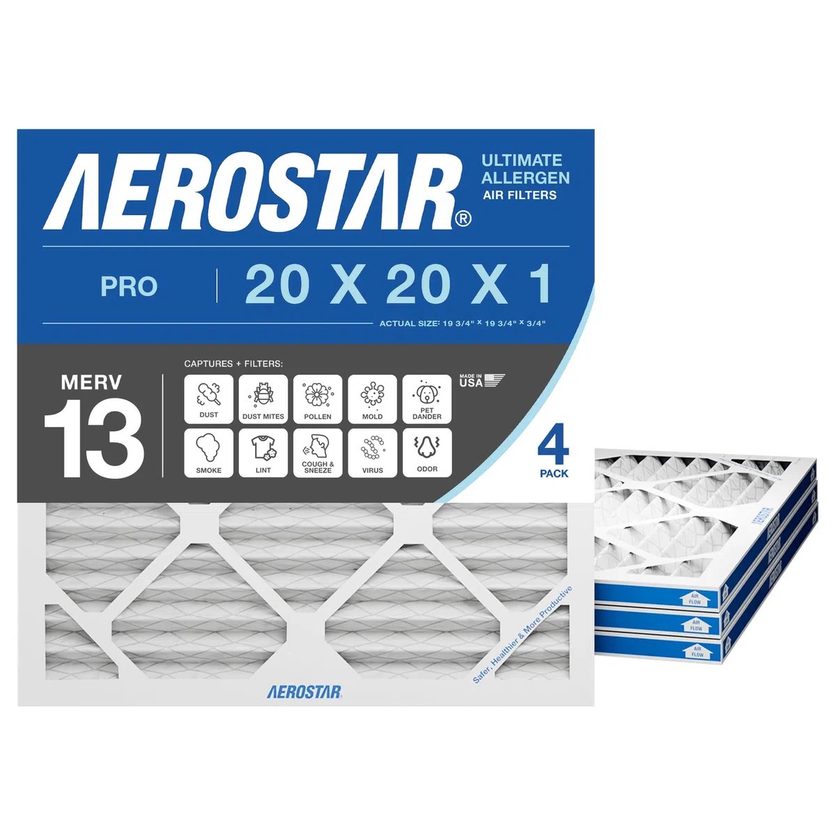 Aerostar MERV 13 - Filtro de aire plisado de 20 x 20 x 1 pulgadas, filtro de aire para caldera de aire acondicionado, paquete de 4 unidades (tamaño real: 19 3/4 pulgadas x 19 3/4 pulgadas x 3/4