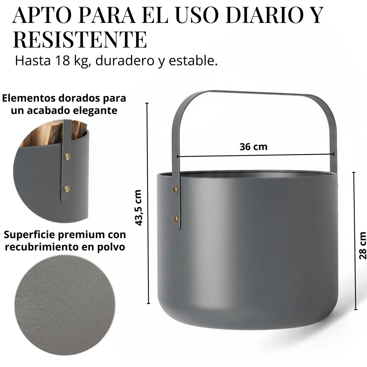 Cesta de diseño LIVLIG para leña de metal, cesta de madera para leña con asa, gran cesta para leña de 36 x 44 cm, cesta de leña como accesorio para chimenea, cesta de almacenamiento con aspecto mate