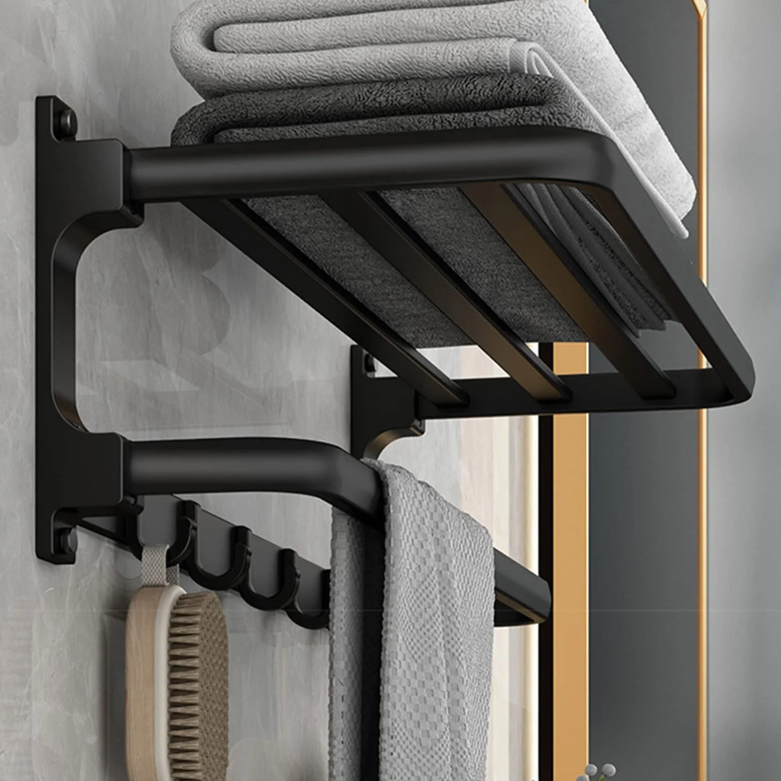 Toallero adhesivo de pared 58 cm negro, con 5 ganchos, para baño y cocina sin taladrar