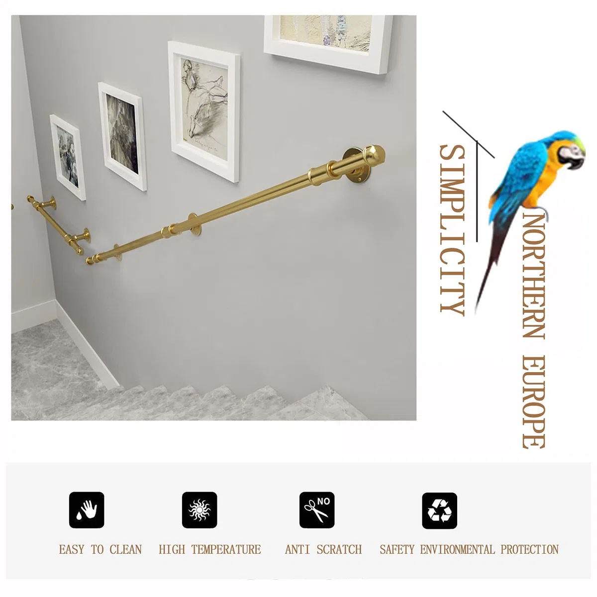 Pasamanos de barandilla de escaleras doradas - Kit completo, Pasamanos de escaleras para interiores y exteriores Barandilla de barra de apoyo, Pasamanos de pasillo de baño Pasamanos con soportes de pa