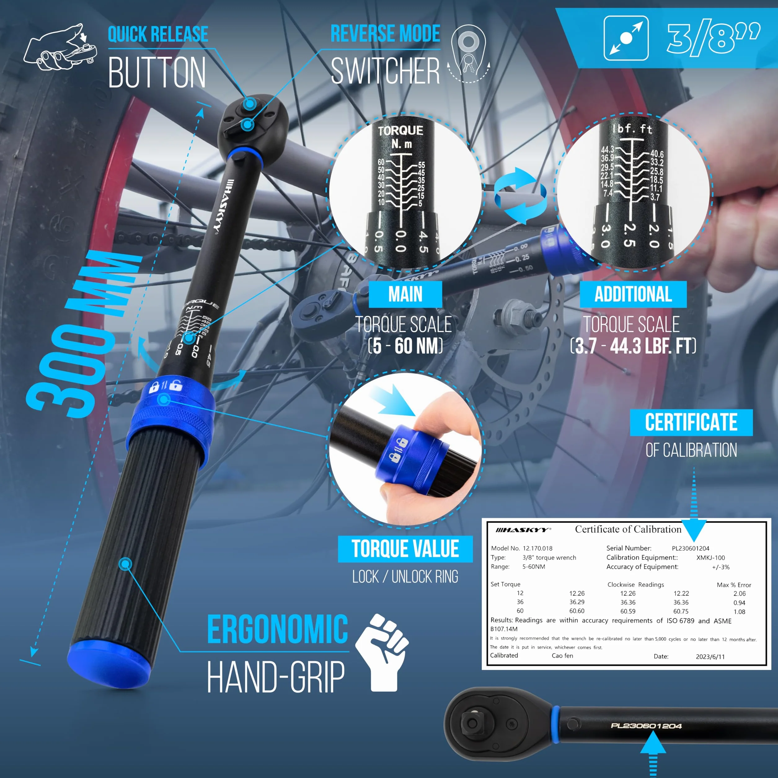 HASKYY Juego de llaves dinamométricas 3/8" 5-60Nm para motocicleta con accesorios - Llave dinamométrica, extensiones, adaptadores, bits - Herramienta de reparación de moto chopper - Serie negra