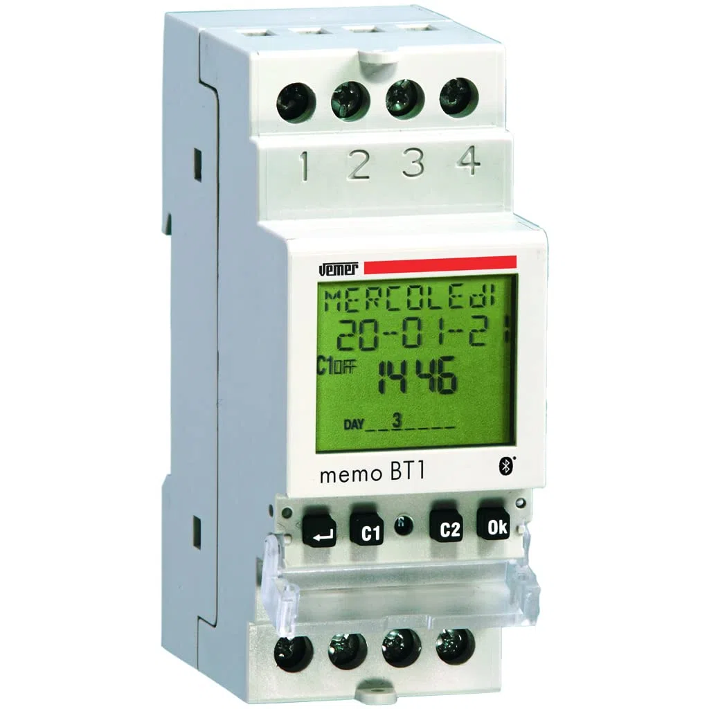 VEMER VE767600 MEMO BT1 – Interruptor Horario Digital y Astronómico, Temporizador con Bluetooth y App para Smartphone, 1 Canal, Montaje en Carril DIN, Blanco
