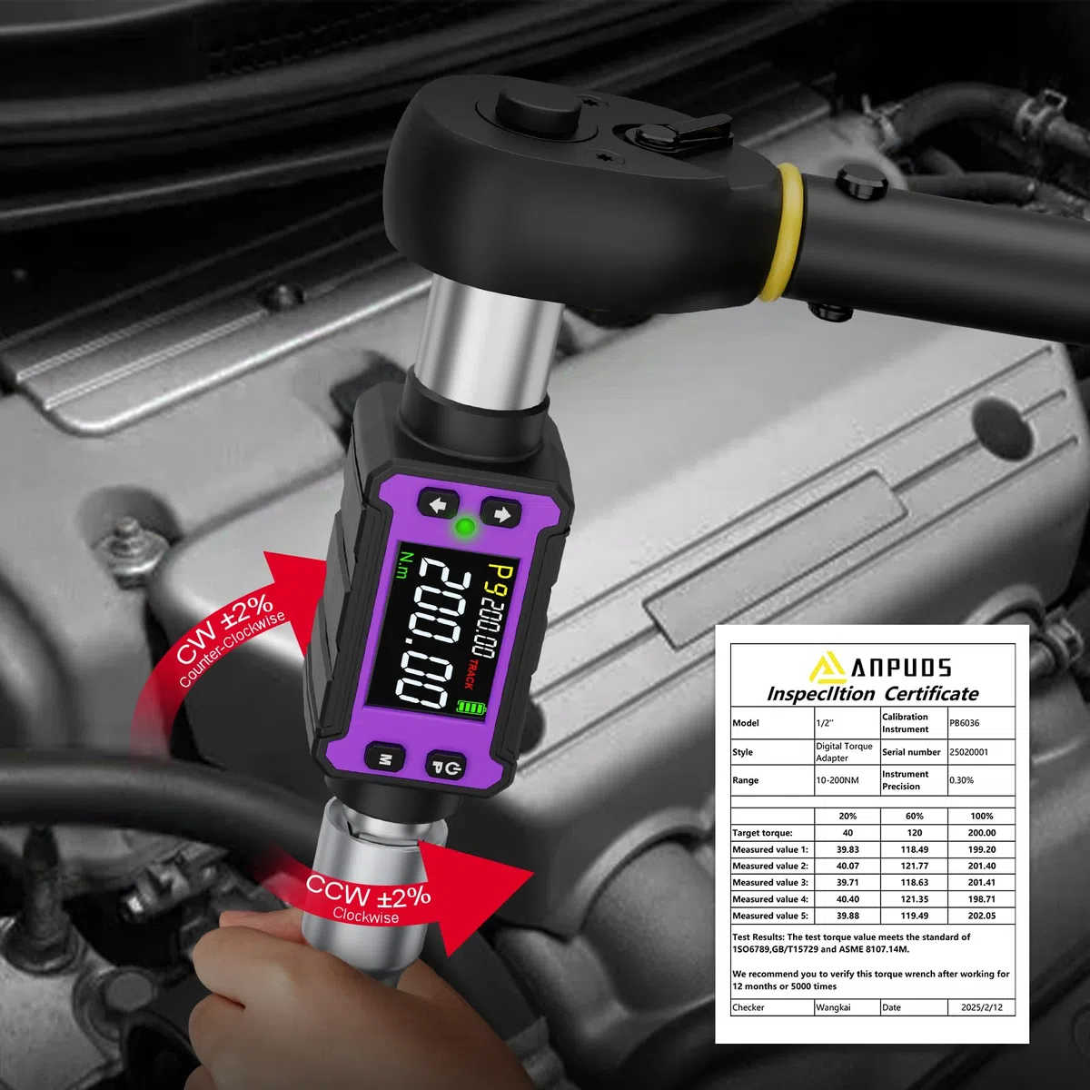 ANPUDS Adaptador de Par Digital 1/2" (4-200 Nm), Alta Precisión ±2%, Llave Dinamométrica Electrónica con Adaptadores 3/8" y 1/4", Medidor de Torque con Pantalla LCD para Coche, Moto y Camioneta