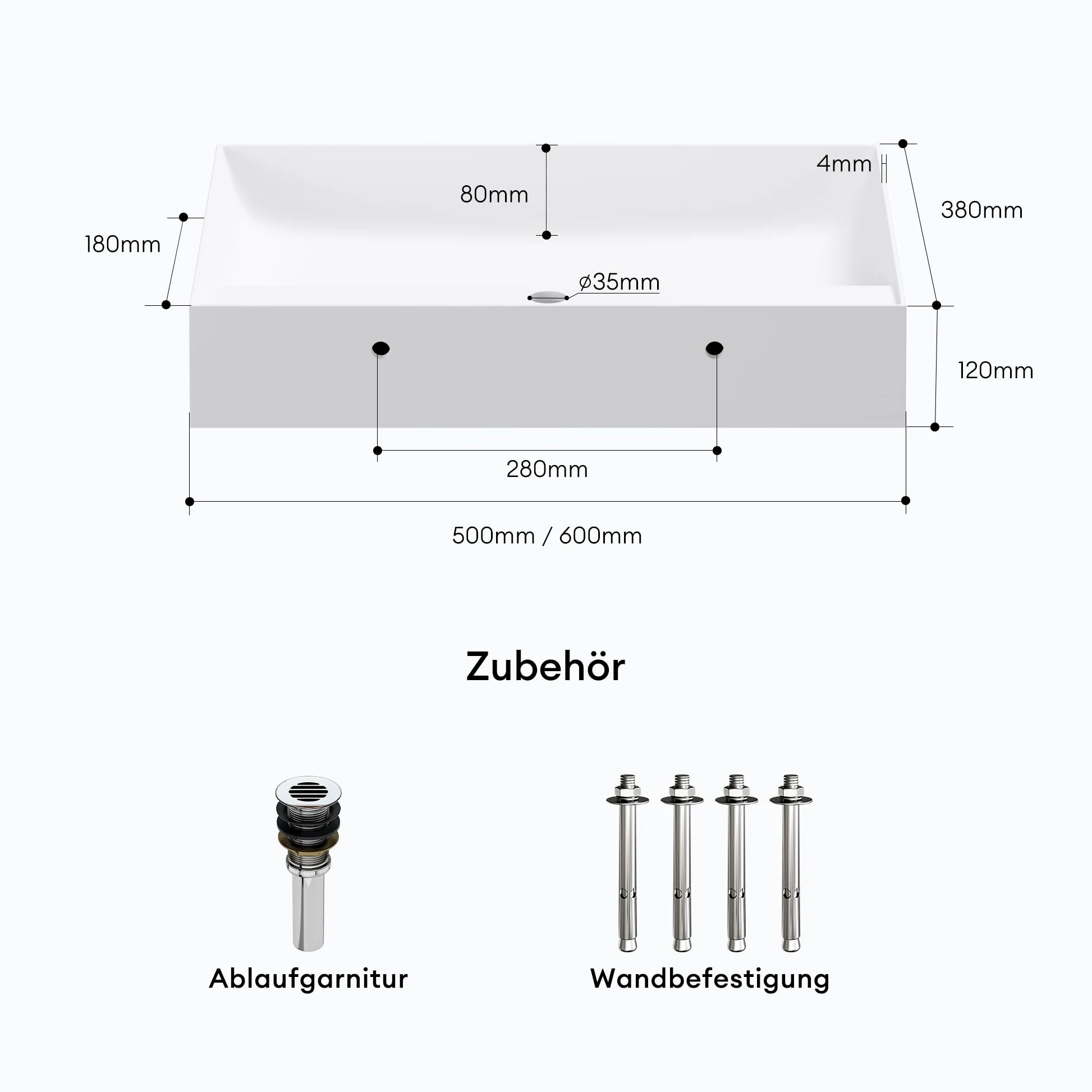 Mai & Mai Lavabo sobre Encimera Rectangular de Baño, Mármol Fundido, Blanco Mate, 50x38x12 cm, con Orificio para Grifo y Válvula de Desagüe – Colossum630