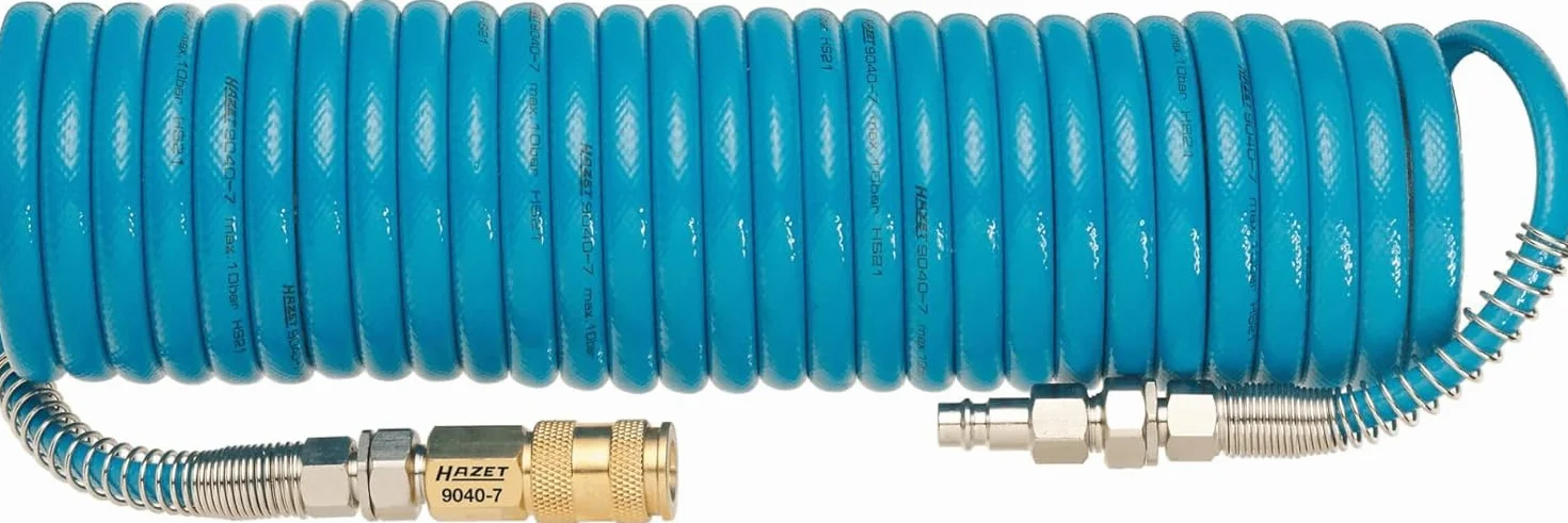 Manguera espiral HAZET 9040-7 I Manguera de poliuretano de gran flexibilidad con 7,62 m de longitud, rosca de conexión de aire de 12,91 mm y presión de trabajo de 10 bar