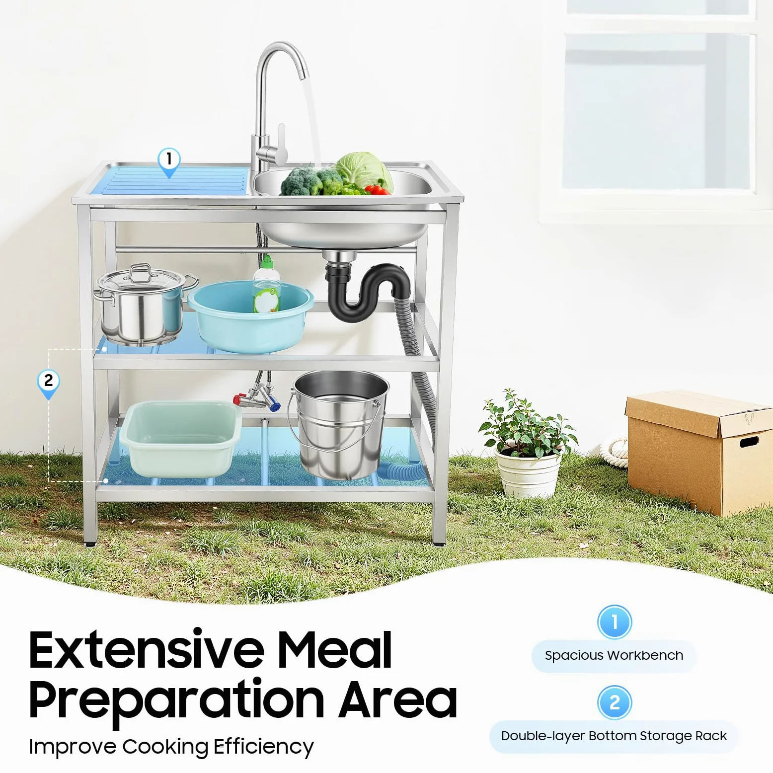 Fregadero de cocina independiente para exteriores, fregadero de acero inoxidable, grifo de lavabo, encimera multifuncional, fregadero, fregadero de agua para cocinas, cafés y bares (75 x 40 x 78 cm)