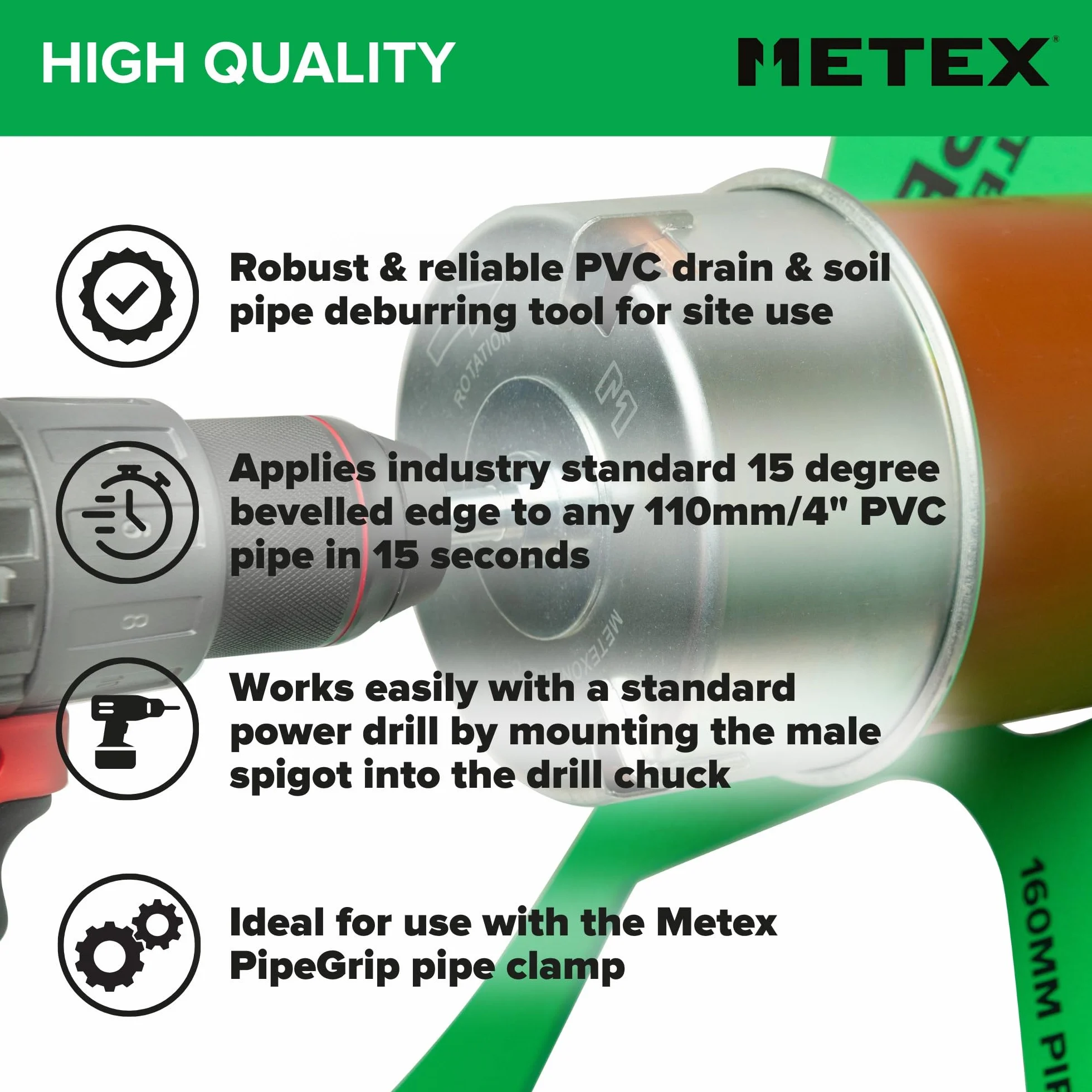 Herramienta de biselado Metex 110 mm para tubos de PVC de plástico para drenaje de tierra. Se monta fácilmente en un taladro eléctrico. Aplica un chaflán de 15 grados estándar de la industria en 15