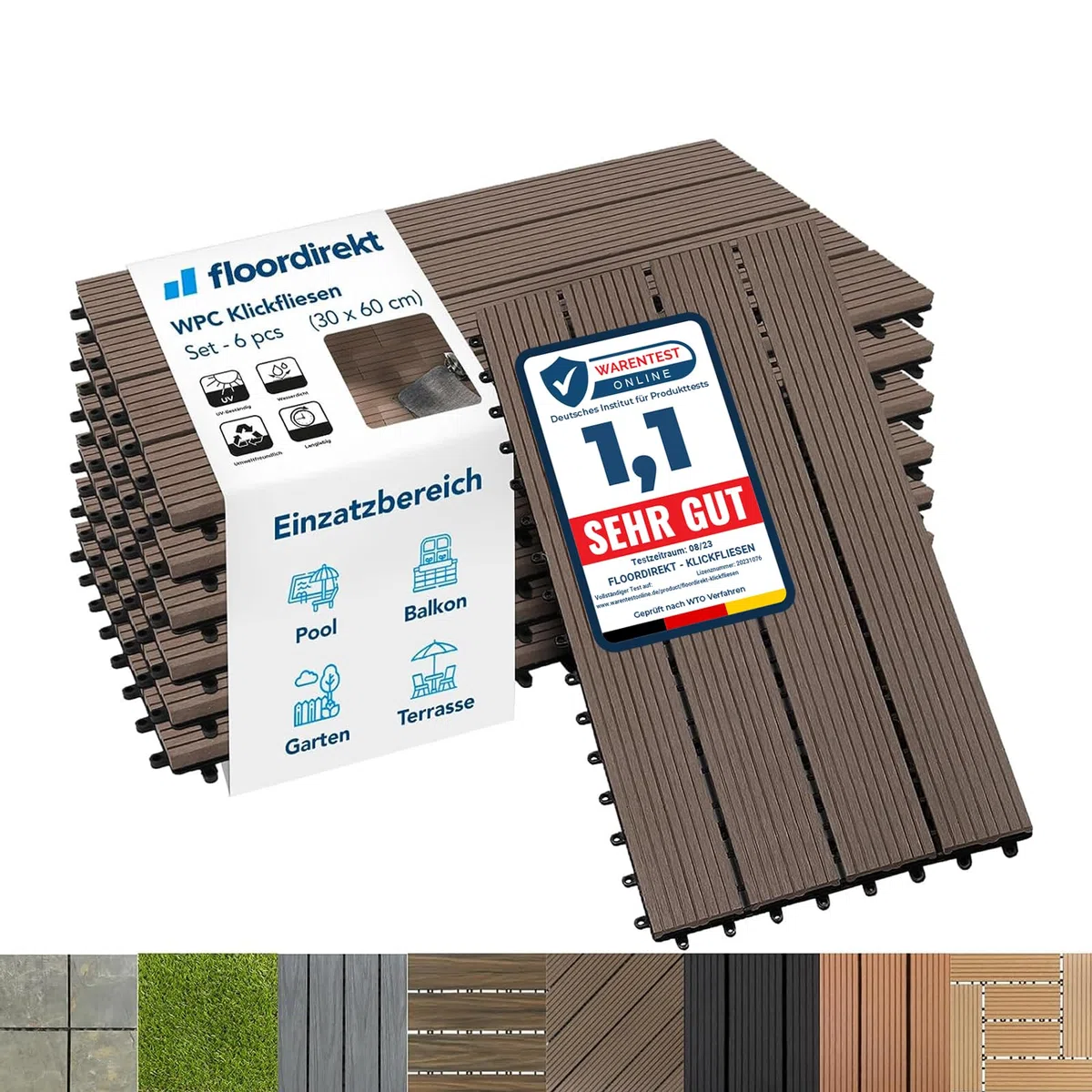 Floordirekt Baldosas de Patio WPC 60x30cm 2m² = 11 Piezas para terrazas, Balcones - Suelo Exterior con Aspecto de Madera, Clic Azulejos con función de Drenaje | Marrón Oscuro | Royal