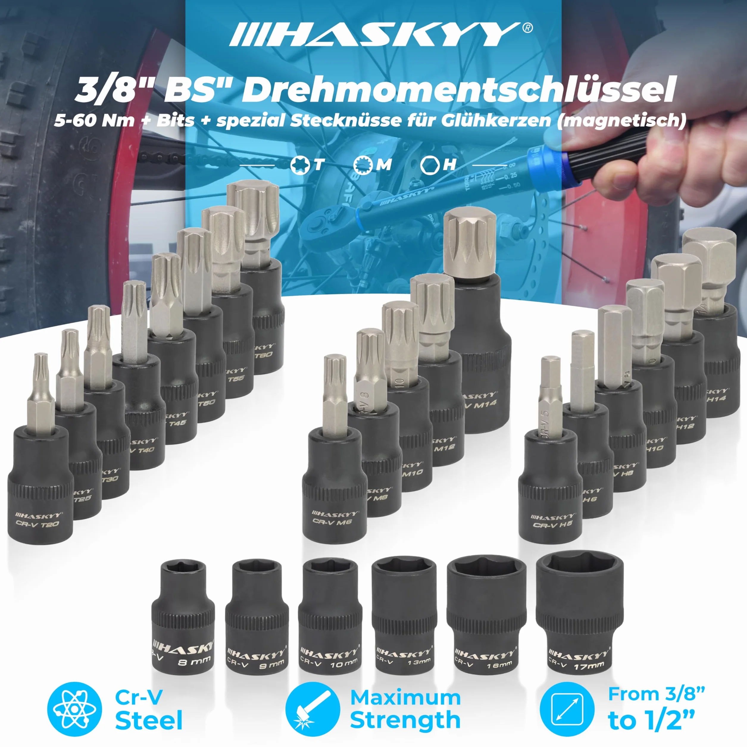 HASKYY Juego de llaves dinamométricas 3/8" 5-60Nm para motocicleta con accesorios - Llave dinamométrica, extensiones, adaptadores, bits - Herramienta de reparación de moto chopper - Serie negra