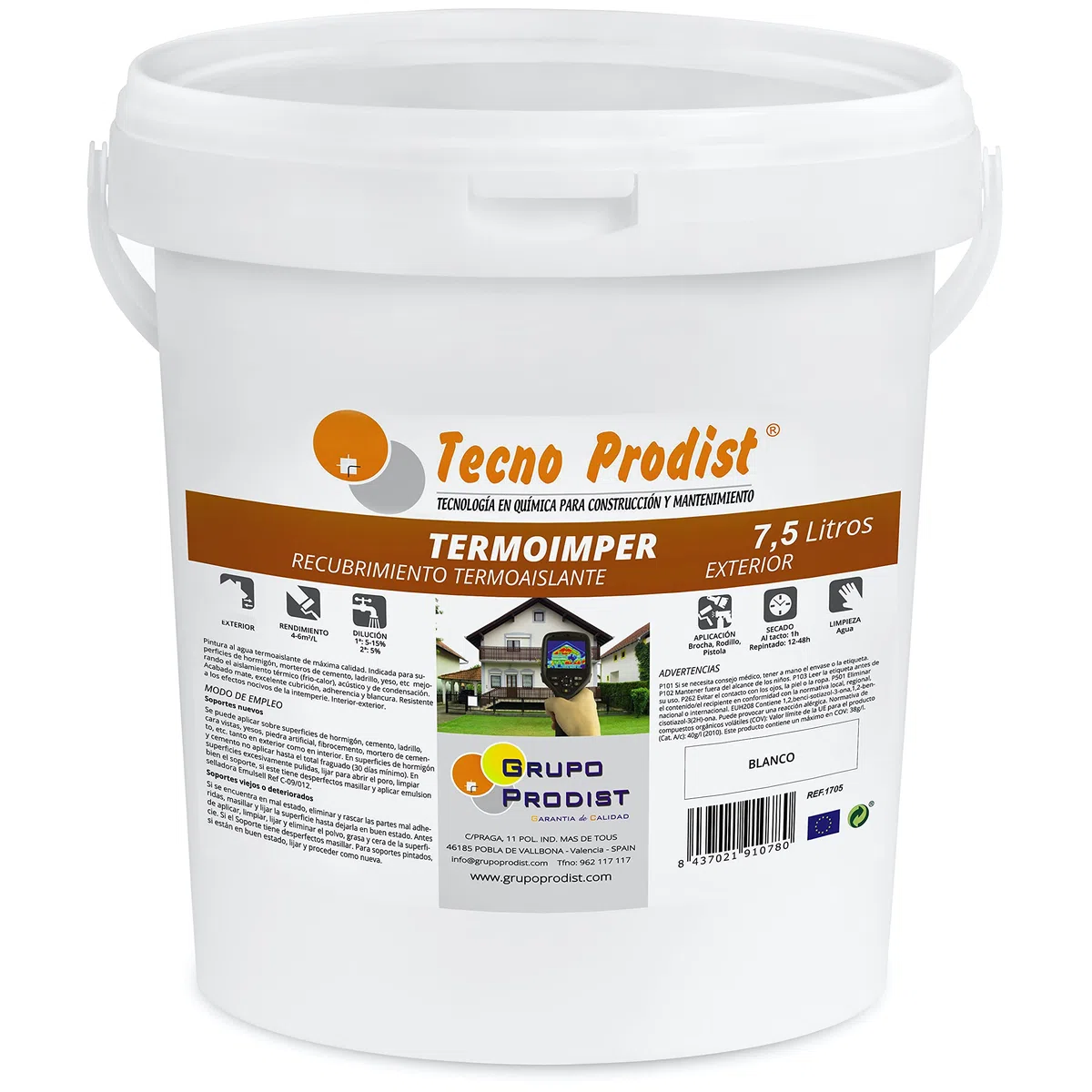 Tecno Prodist TERMOIMPER 7,5 Litros (BLANCO ÓPTICO) Pintura al agua Aislante Térmico Exterior - Impermeable Fachadas, Paredes y Techos - Aísla del calor y el frio (A Rodillo, Brocha, Pistola)