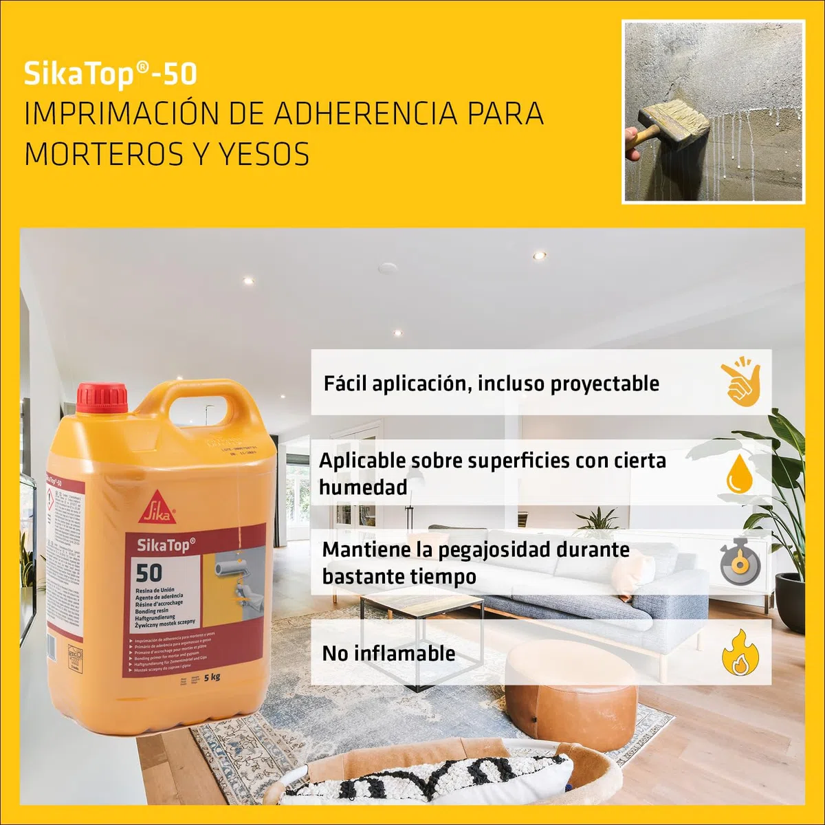 SIKA - Resina de Unión - SikaTop 50 - Blanco - Imprimación de adherencia listo para su uso para morteros y yesos - Utilizar como puente de adherencia - 5kg