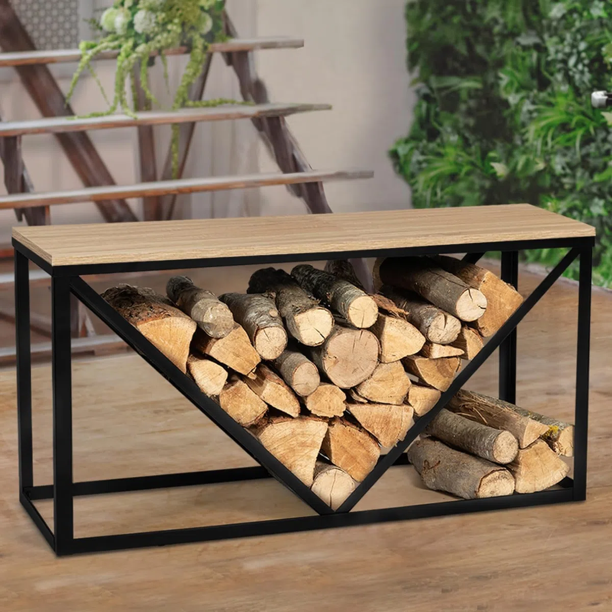 IDMarket - Portatroncos Horizontal Detroit acero negro diseño industrial para chimenea