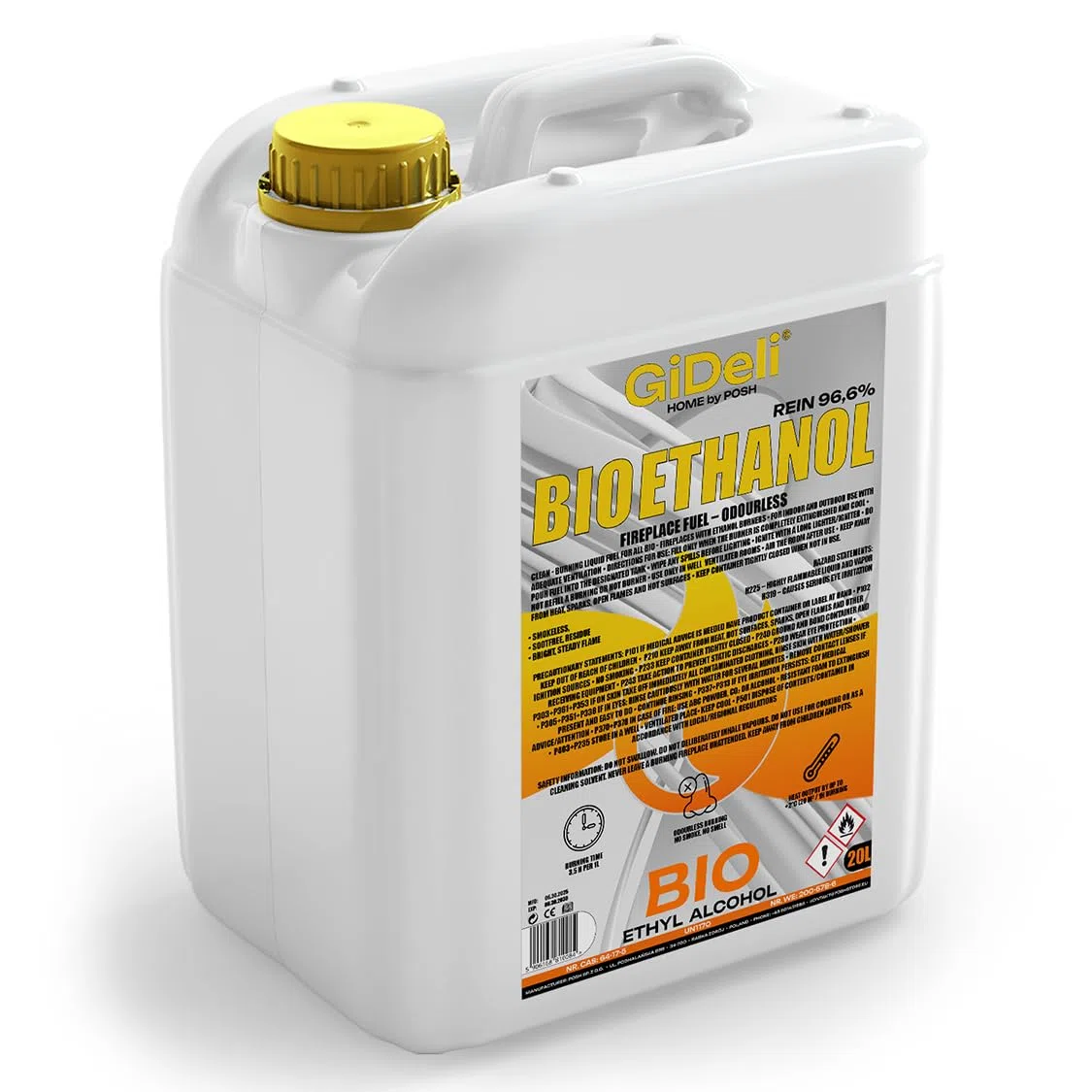 GiDeli Bioetanol 20 l inodoro 96,6% etanol para chimeneas interiores y exteriores – de maíz y remolacha azucarera