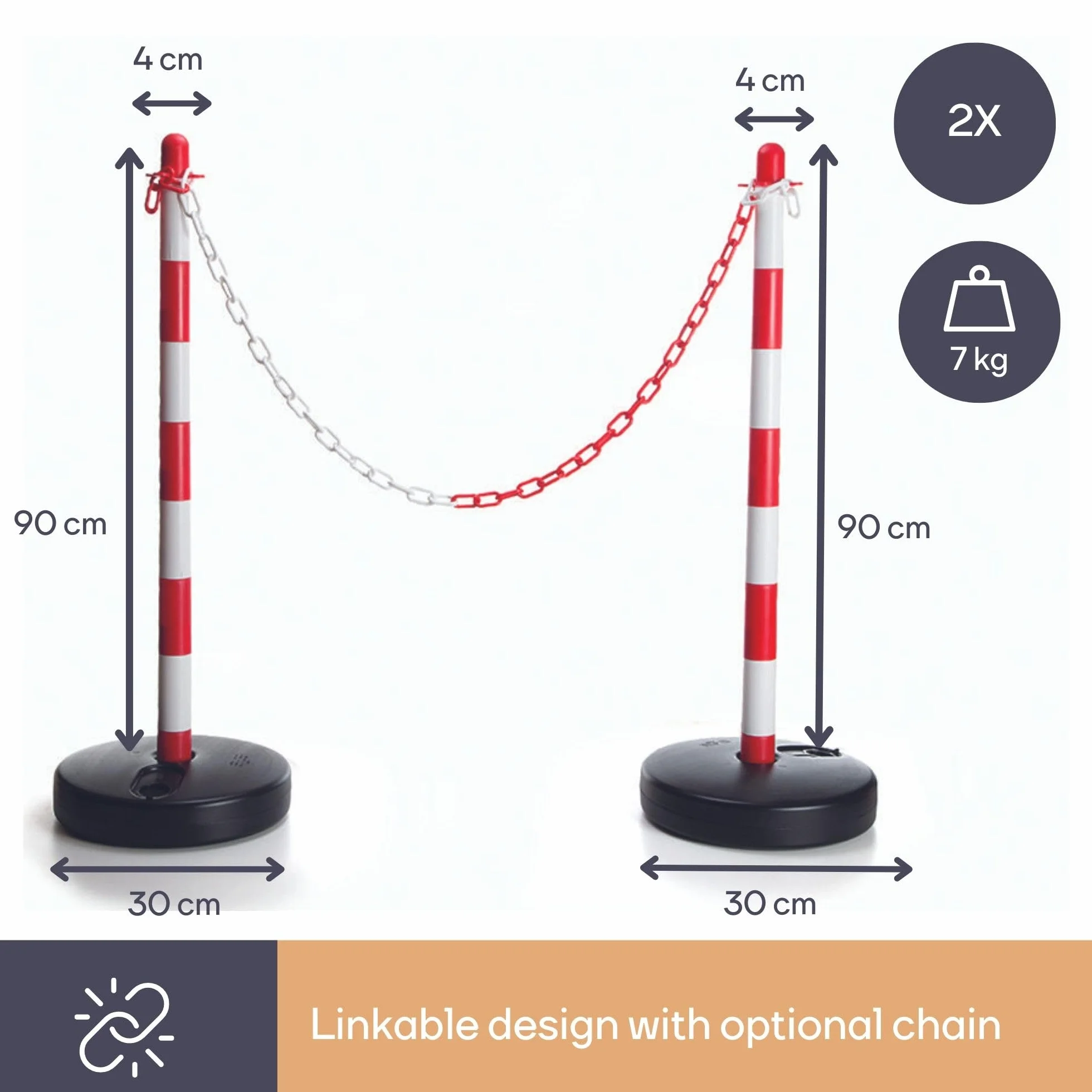 Perel Set de postes PVC 2 piezas rojo blanco 90 cm base rellenable con arena o agua conectables para eventos aparcamientos hostelería y espacios públicos
