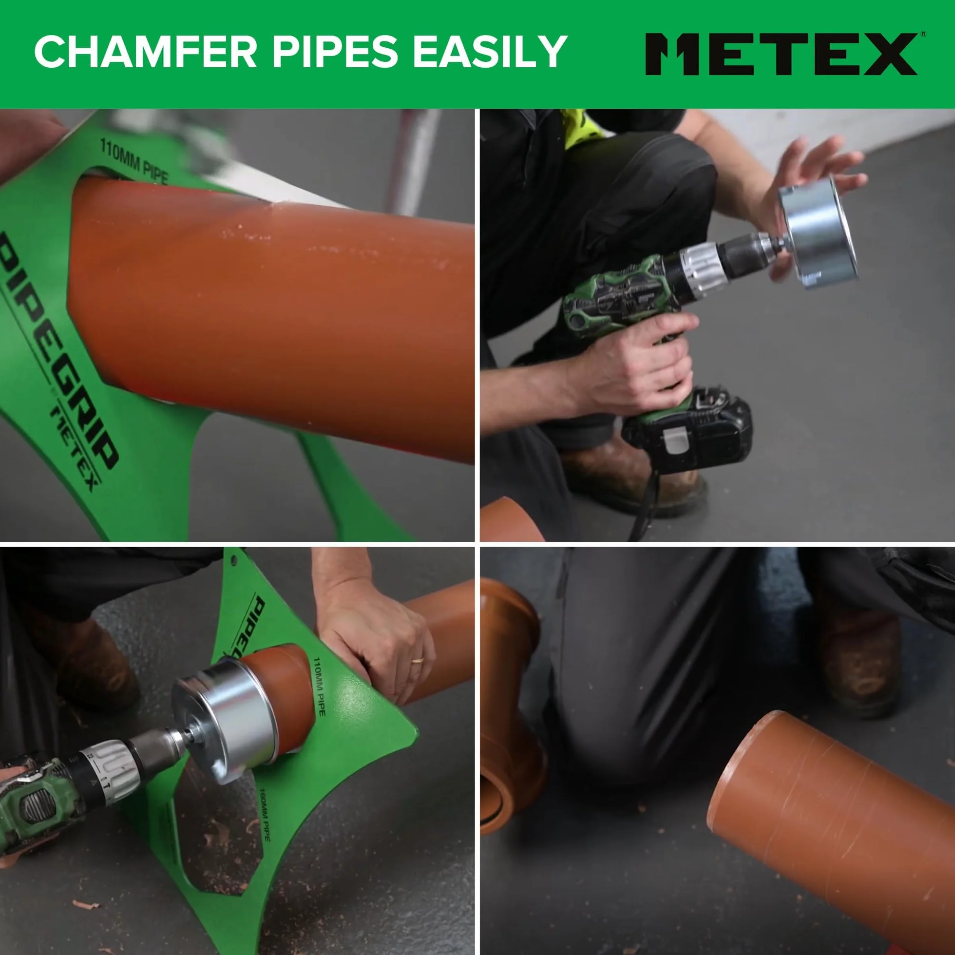 Herramienta de biselado Metex 110 mm para tubos de PVC de plástico para drenaje de tierra. Se monta fácilmente en un taladro eléctrico. Aplica un chaflán de 15 grados estándar de la industria en 15