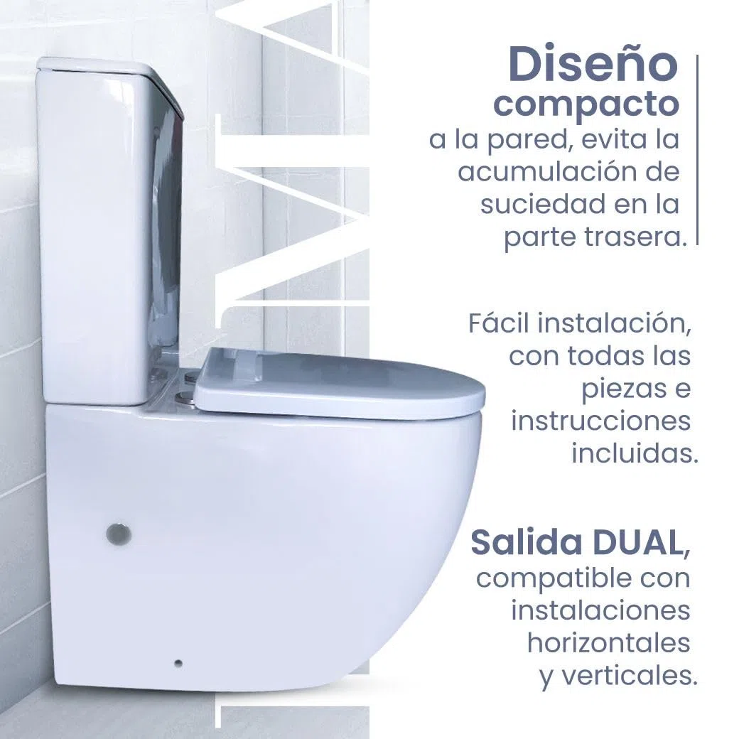 Inodoro Completo Moderno, Inodoro Blanco, Retrete para Hogar, Sistema Rimless Antibacterias, Tapa Dura Extrafina Amortiguada Salida Dual, Material UF Resistente