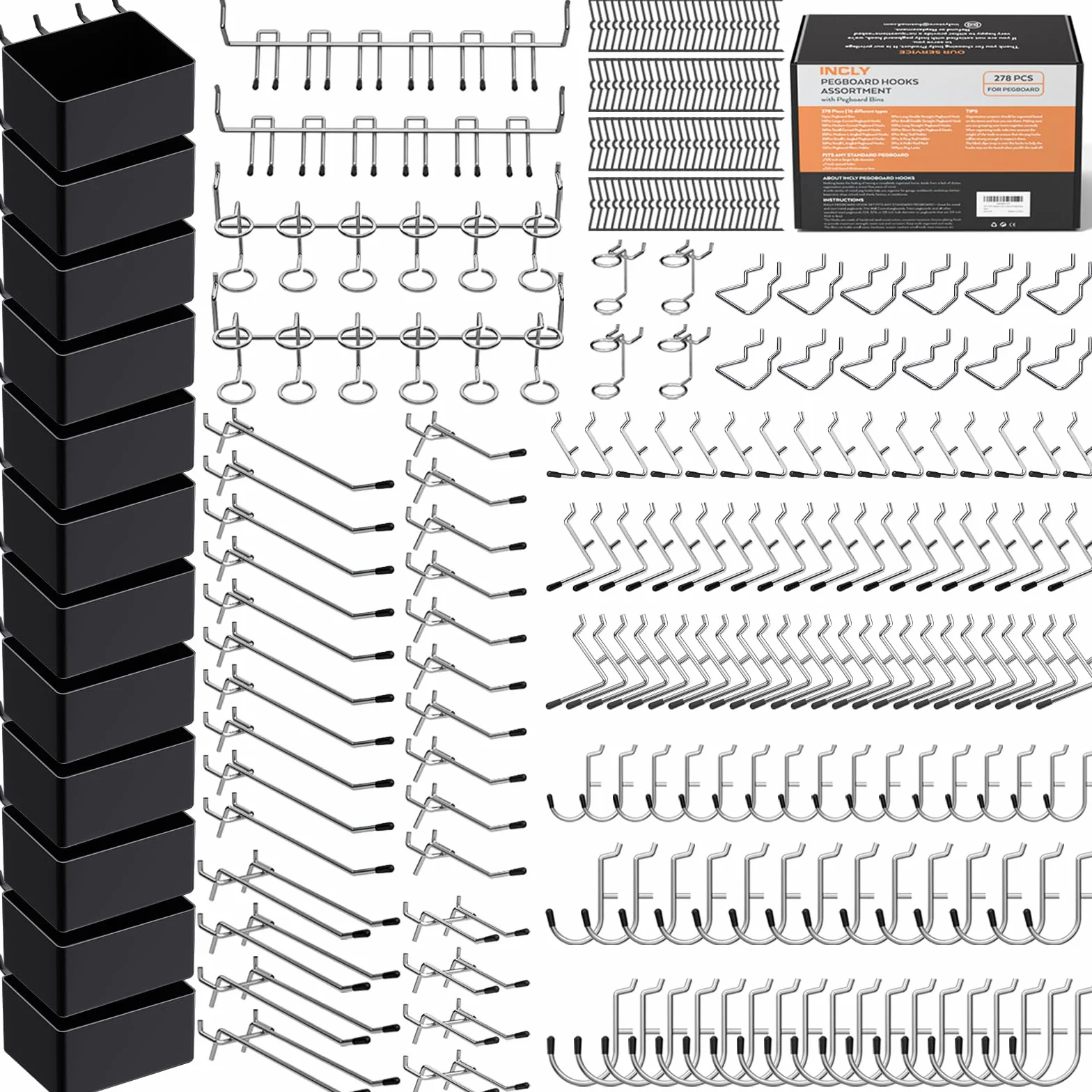 INCLY Kit organizador de accesorios para tablero de clavijas de 278 piezas, juego de ganchos para tablero de clavijas con contenedores para organizar herramientas, surtido de ganchos para tablero de